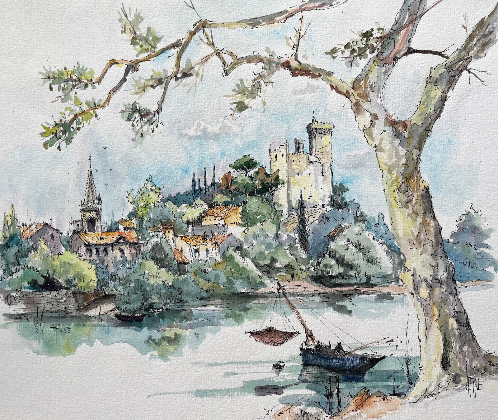 Robert Lepine Chateauneuf du Pape Rhône River Watercolor: Original 20th century French watercolor and pen painting on artists paper by Robert Lepine (French, 1929-2017), signed and mounted. The work depicts Châteauneuf-du-Pape above the Rhône River, with a