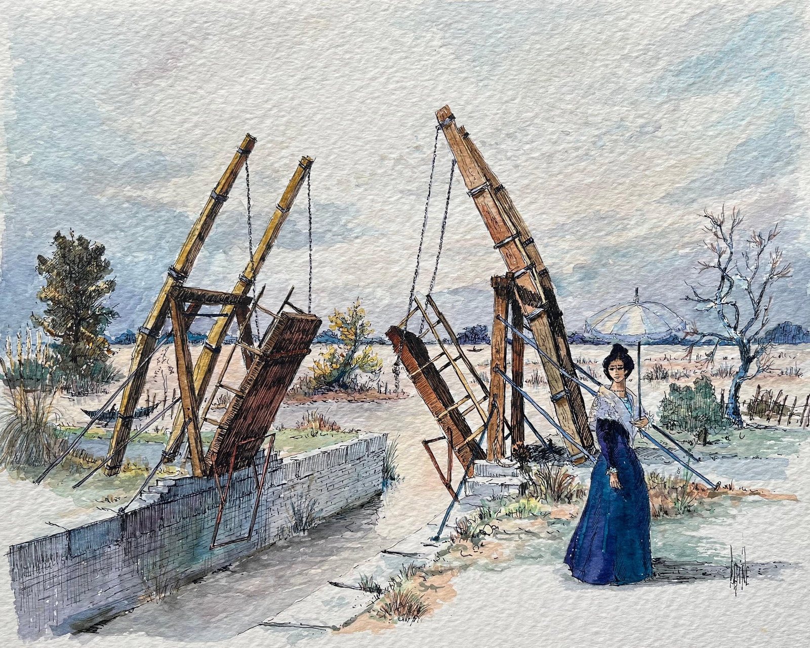Robert Lepine Provence Langlois Bridge Watercolor with Lady Parasol (1 of 7)
