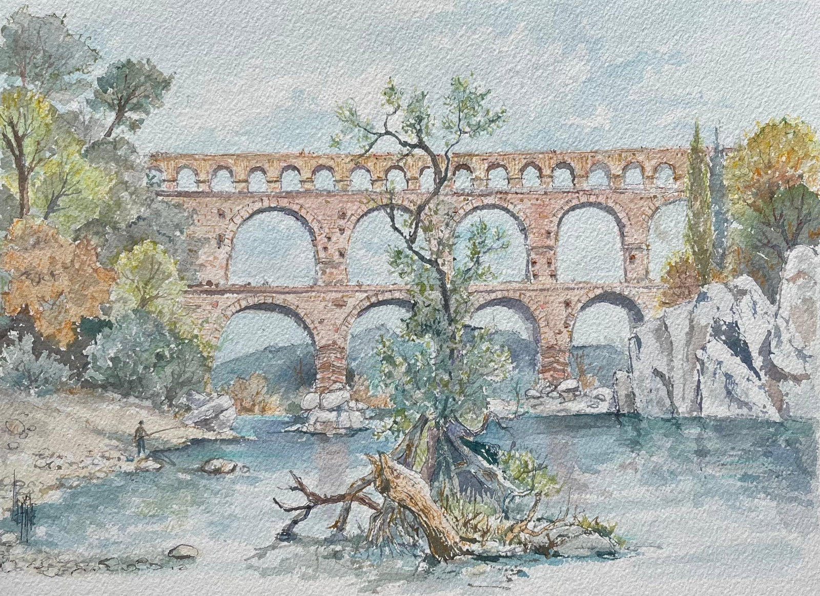 Robert Lepine Pont du Gard Roman Aqueduct River Watercolor (1 of 8)