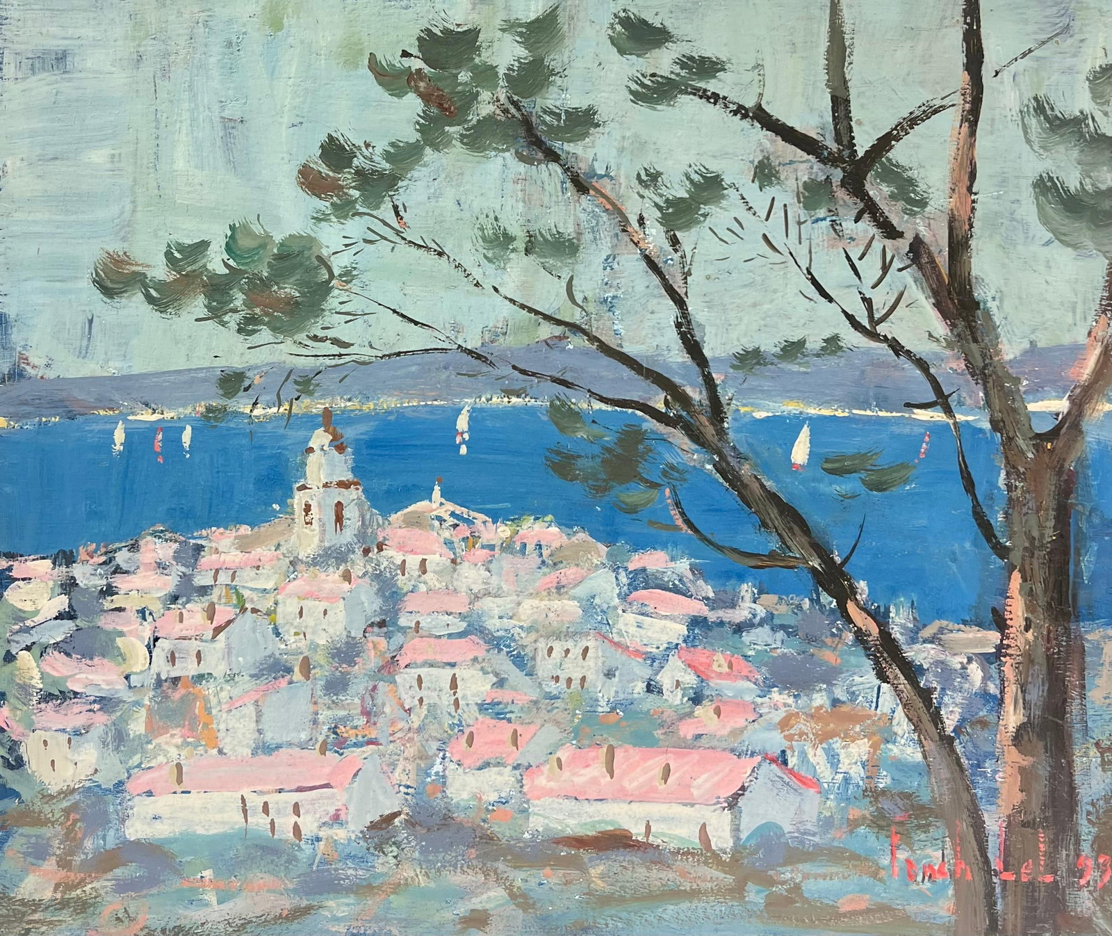 Fanch Lel French Impressionist Provence Seaside Village Oil Painting: Original 1999 French Impressionist oil painting on board by Fanch Lel (French, b.1930), signed and offered unframed. Inscribed Provence verso, the work shows a coastal Provençal village beneath winds