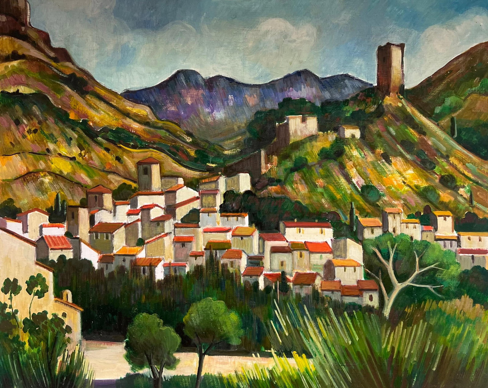 Max Toutain Hill Top Village Provence French Post Impressionist Painting: Original mid-20th century French Post-Impressionist oil painting on board by Max Toutain (1935-2006), offered unframed. The large Provençal landscape depicts a hilltop village with white houses, red 