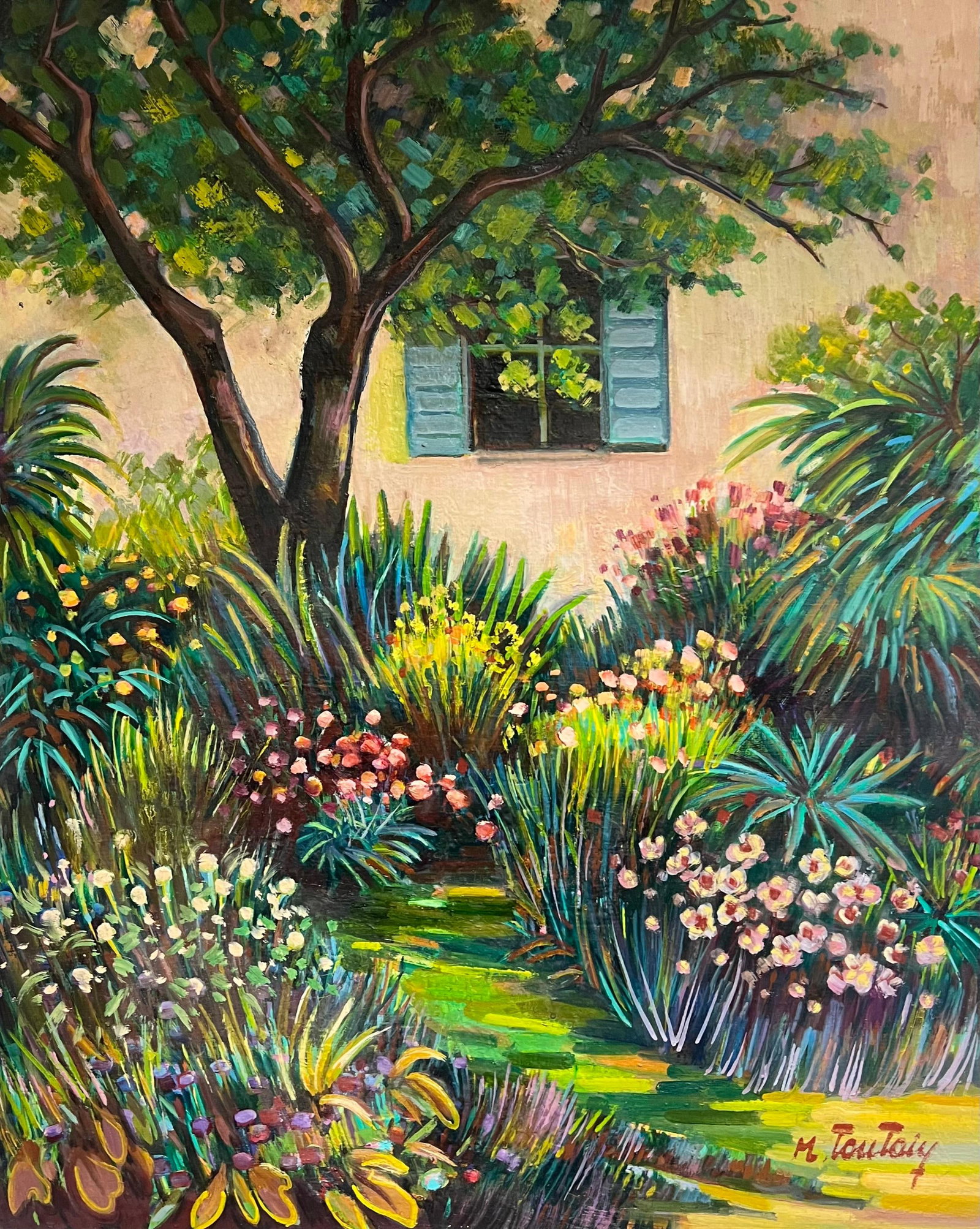 Max Toutain Provence House Flower Garden Large French Oil Painting: Original 20th century French Post-Impressionist oil painting on canvas by Max Toutain (French, 1935-2006), signed and offered unframed. The work depicts a Provençal house and flower garden, with lush
