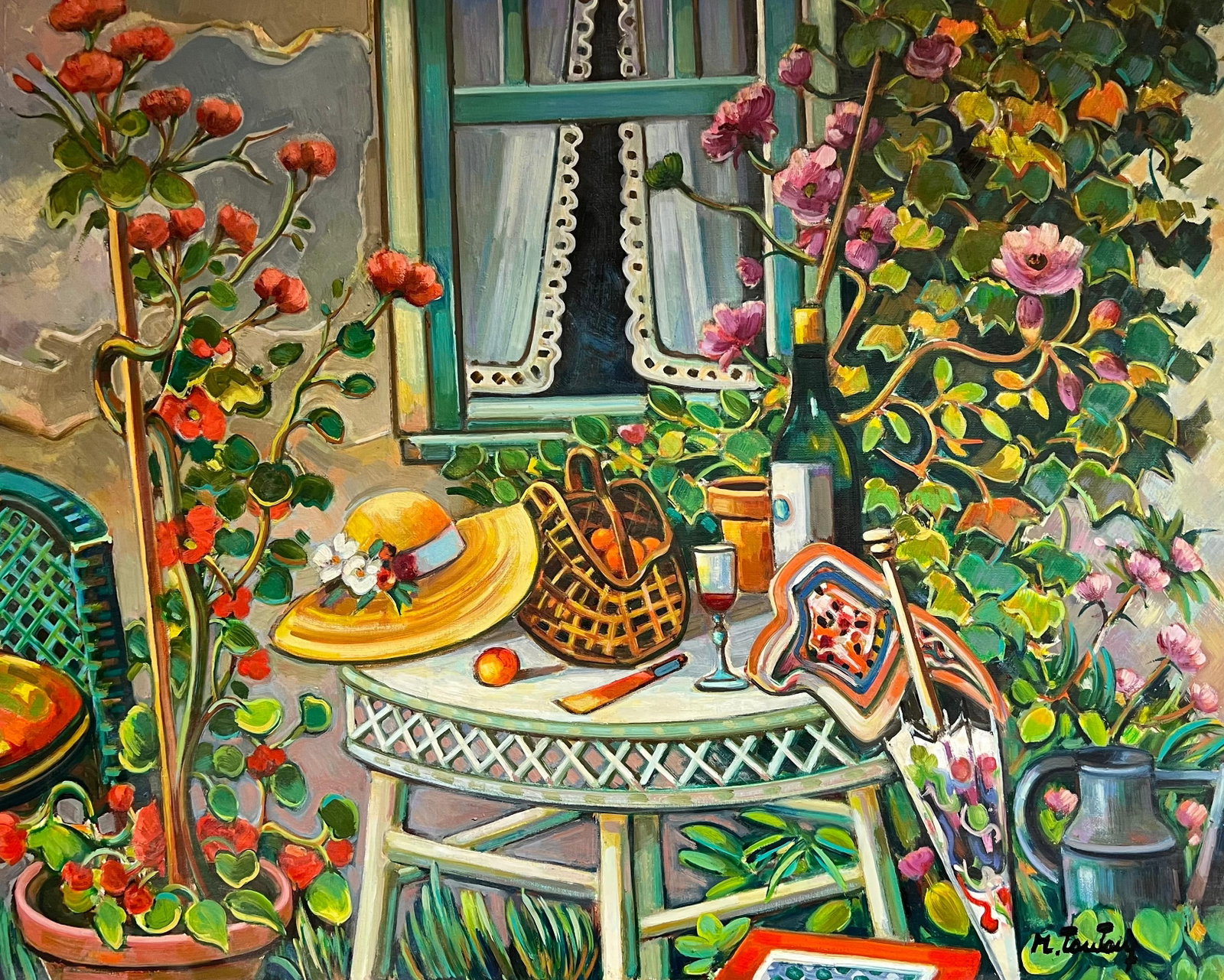 Max Toutain Provencal Garden Window Flowers and Old Hat Huge Oil: Original 20th century French Post-Impressionist oil painting on canvas by Max Toutain (French, 1935-2006), signed and offered unframed. A richly coloured Provençal garden window scene, with flowers, 