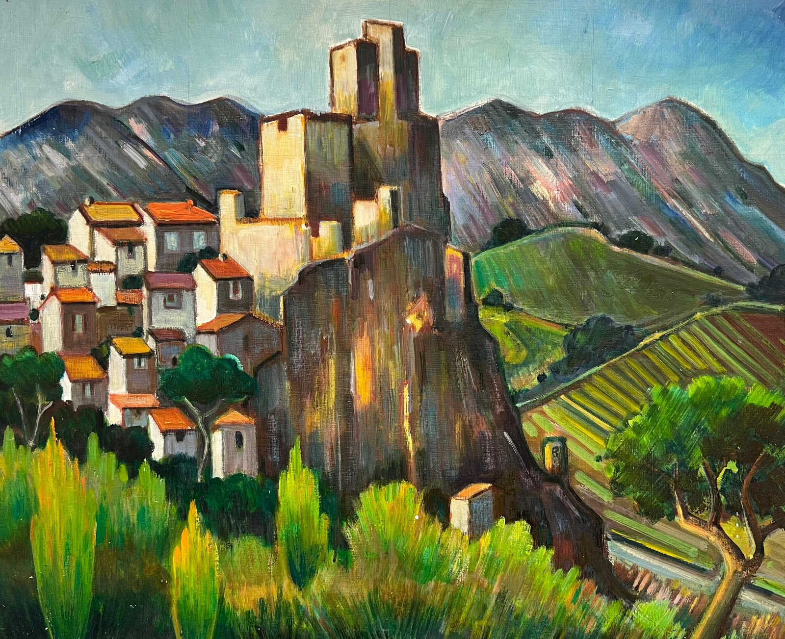 Max Toutain Vivid French Village Castle and Vineyards Oil Painting: Original 20th century French Post-Impressionist oil painting on board by Max Toutain (French, 1935-2006), signed and offered unframed. The composition shows a vivid French village with castle architec