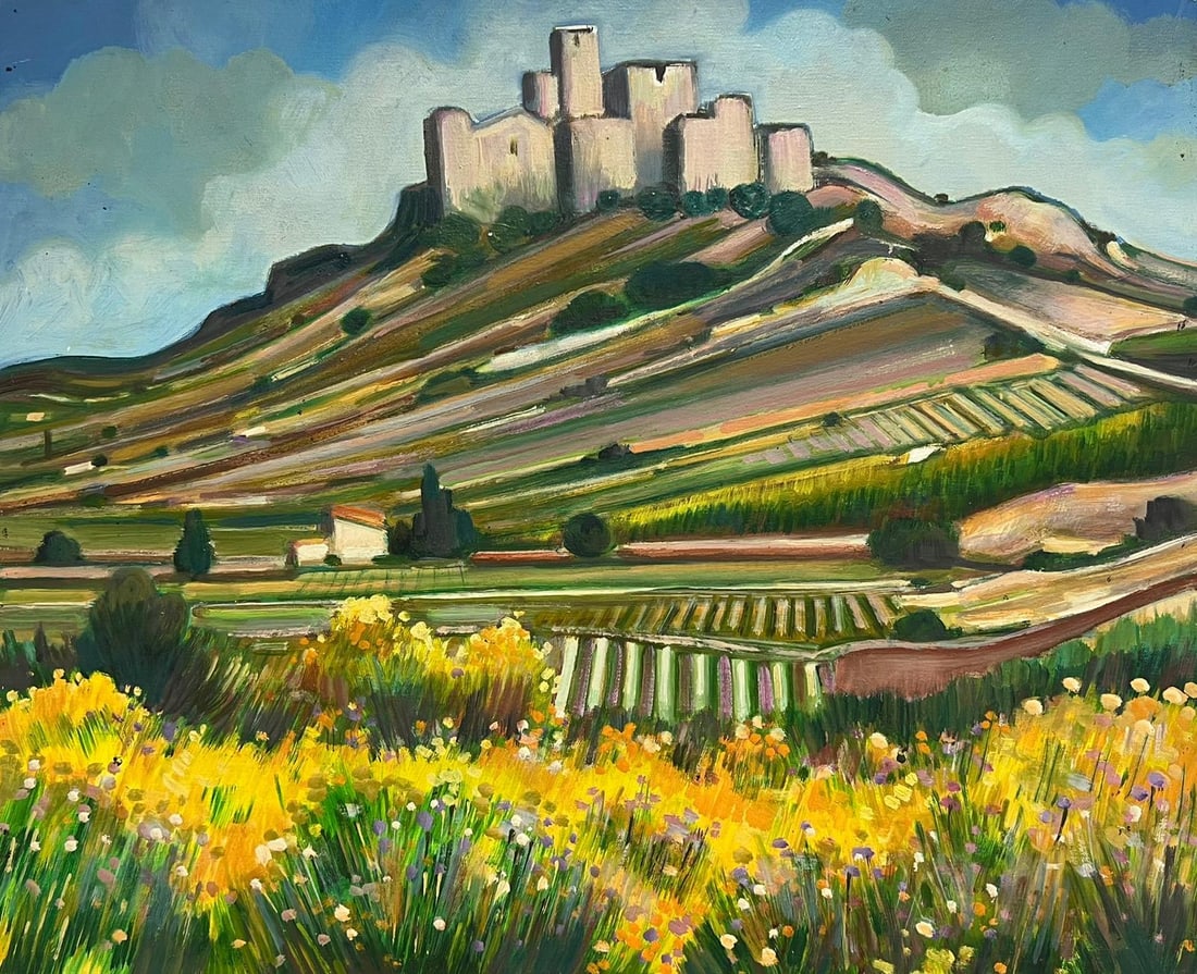 Max Toutain Golden Green Provence Hilltop Village Oil Painting: Original mid 20th century French Post-Impressionist oil painting on canvas by Max Toutain (French, 1935-2006), signed and offered unframed. The work captures a golden green Provence landscape, with a 