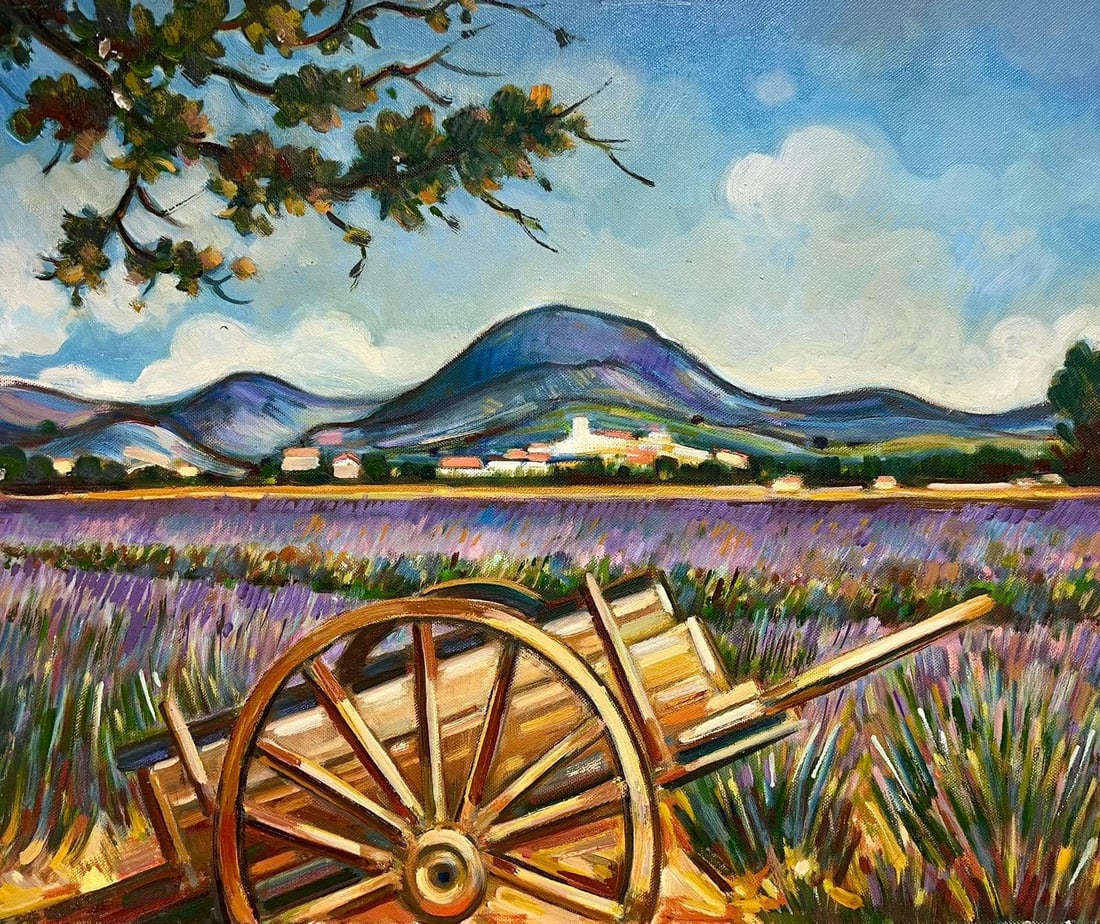Max Toutain Lavender Fields Provence Landscape French Oil Painting: Original mid 20th century French Post-Impressionist oil painting on canvas by Max Toutain (French, 1935-2006), signed and offered unframed. The painting shows lavender fields in Provence with distant 