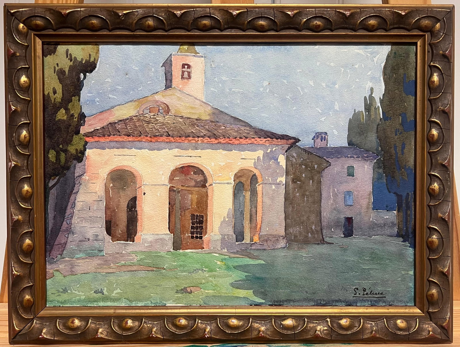 Sunlit Chapel Provence Countryside Antique French Watercolour: Original French Impressionist watercolour study, circa 1920-1930, signed and presented framed. The work depicts a sunlit chapel in the Provence countryside, with warm terracotta tones, cypress trees a