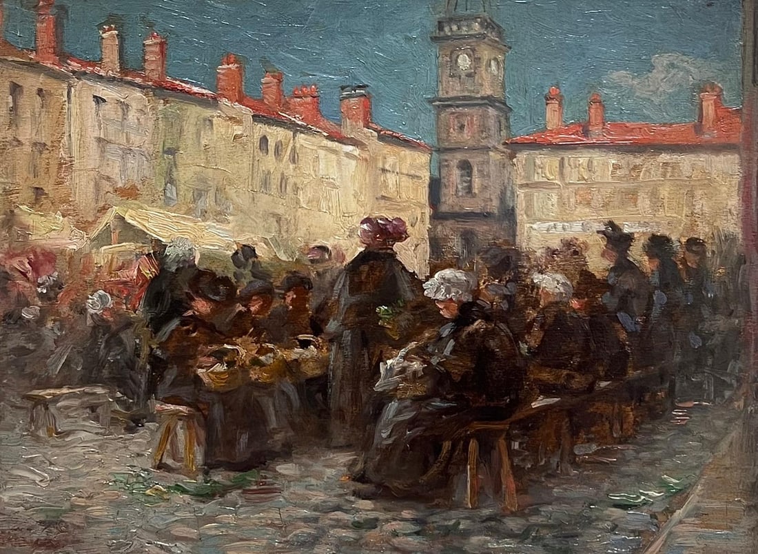 The Market Square Aix en Provence French Impressionist Oil Painting: Original early 1900s French School oil painting on board, indistinctly signed lower left and presented framed. The scene captures Place des Carders in Aix-en-Provence, with bustling figures gathered i