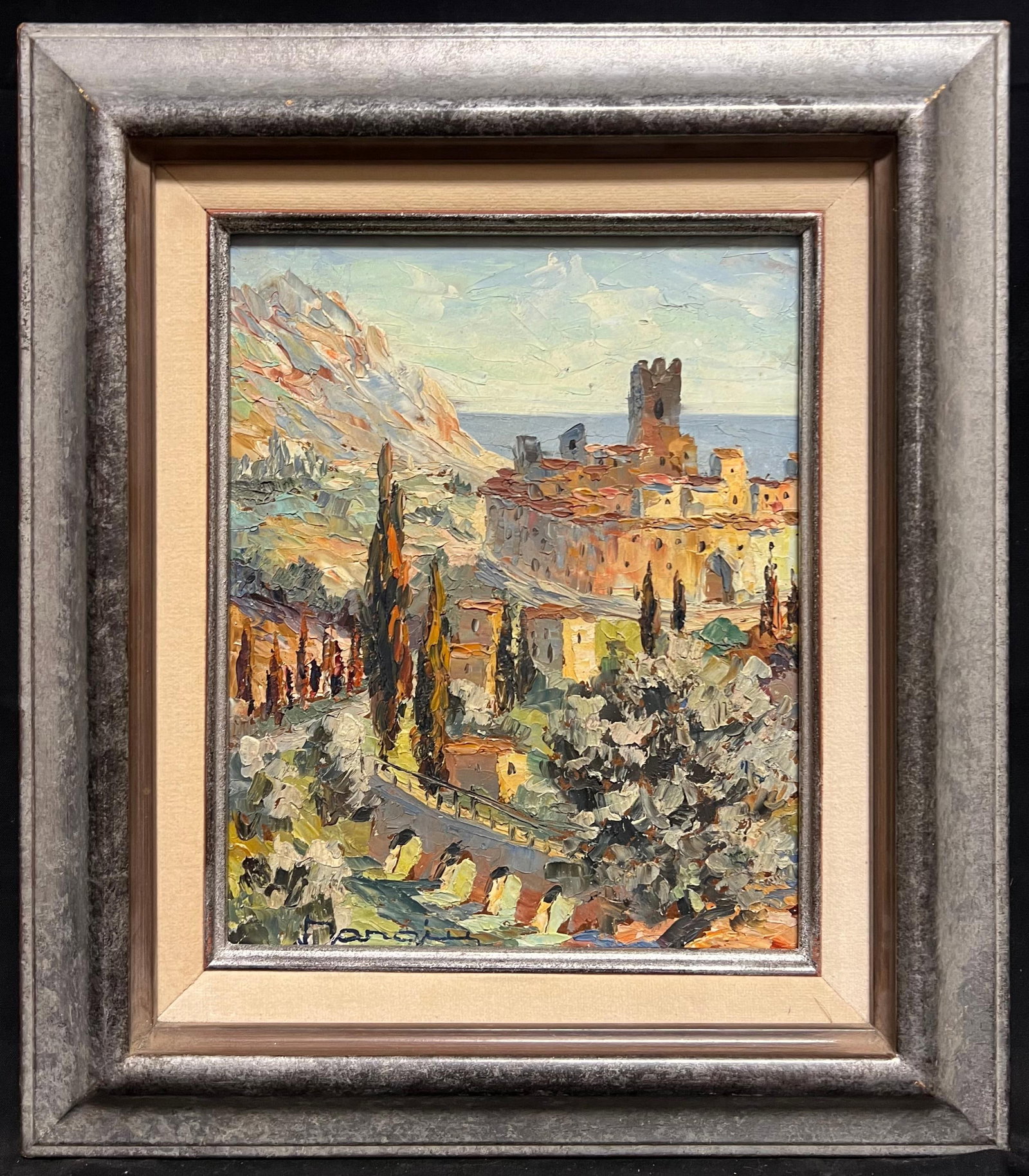 Charles Mangin Mediterranean Hill Village Provence Oil Painting: Original signed oil painting on board by Charles Mangin, presented framed. This sunlit Mediterranean village scene shows a Provençal hill village with rustic rooftops, cypress trees, a stone tower an