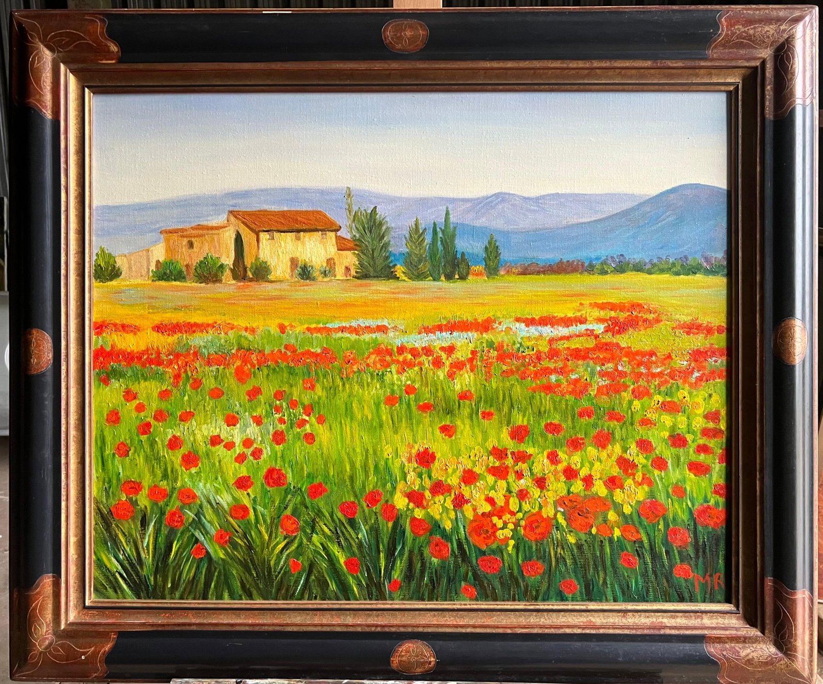 Vibrant Provence Landscape Poppy Fields and Farmhouse Signed Oil: Original late 20th century French Impressionist signed oil painting on canvas, framed. The work depicts a vivid Provençal poppy field leading towards a rustic farmhouse, with rolling blue hills beyon