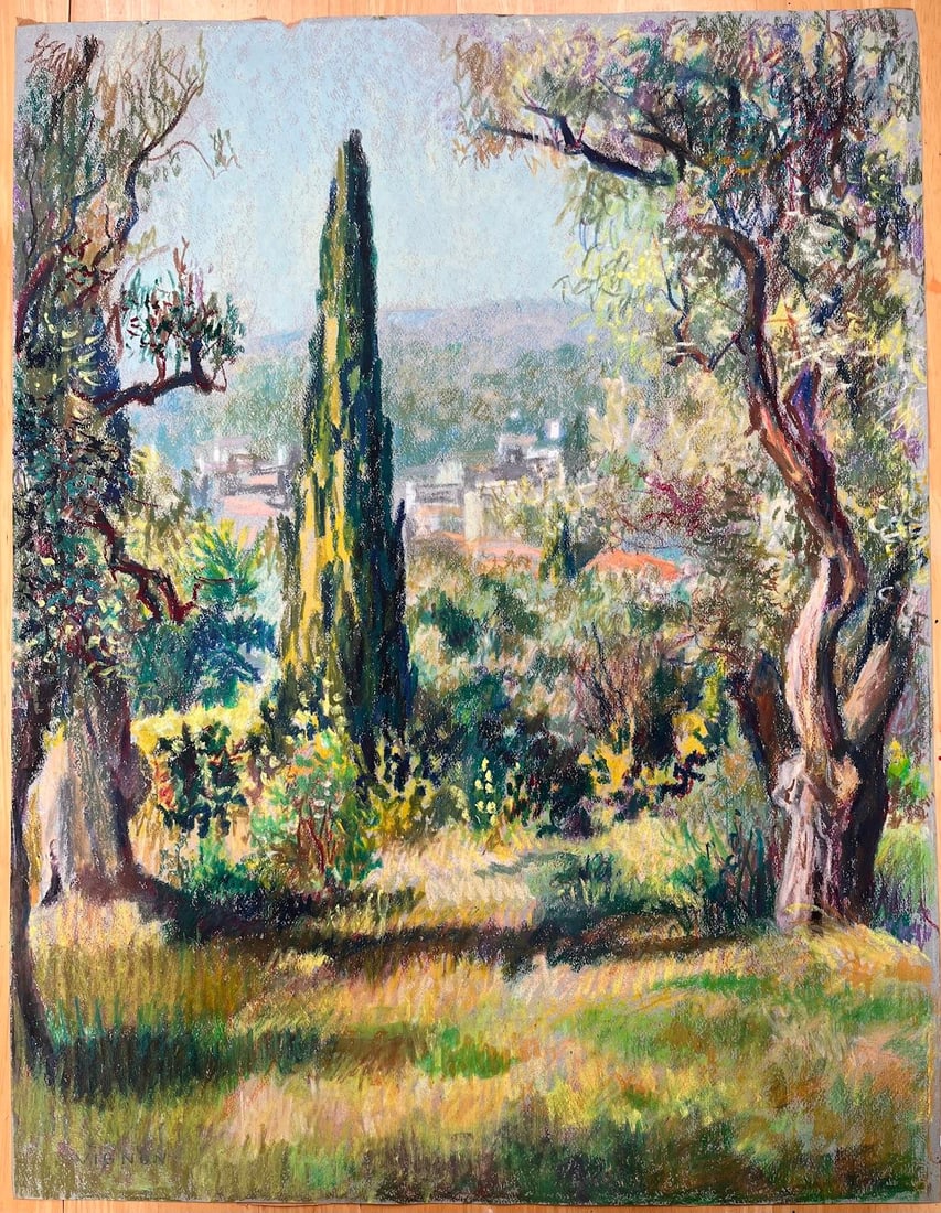 Josine Vignon Sunny Provence Landscape Cypress and Olive Trees: Original mid-century oil pastel on artist paper by Josine Vignon, inscribed verso. The composition captures a sunny Provence landscape with a central cypress tree, olive trees and a distant village, u
