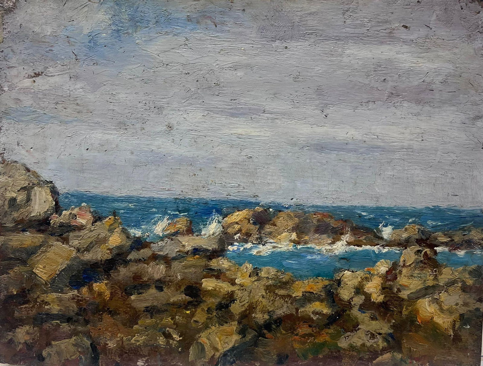 Charles Martin-Sauvaigo Rocky Coastline French Oil Painting: Original early 20th century French Impressionist oil painting on wooden panel by Charles Martin-Sauvaigo (French, 1881-1970), offered unframed. The painting captures a rocky coastal view with sea, bea