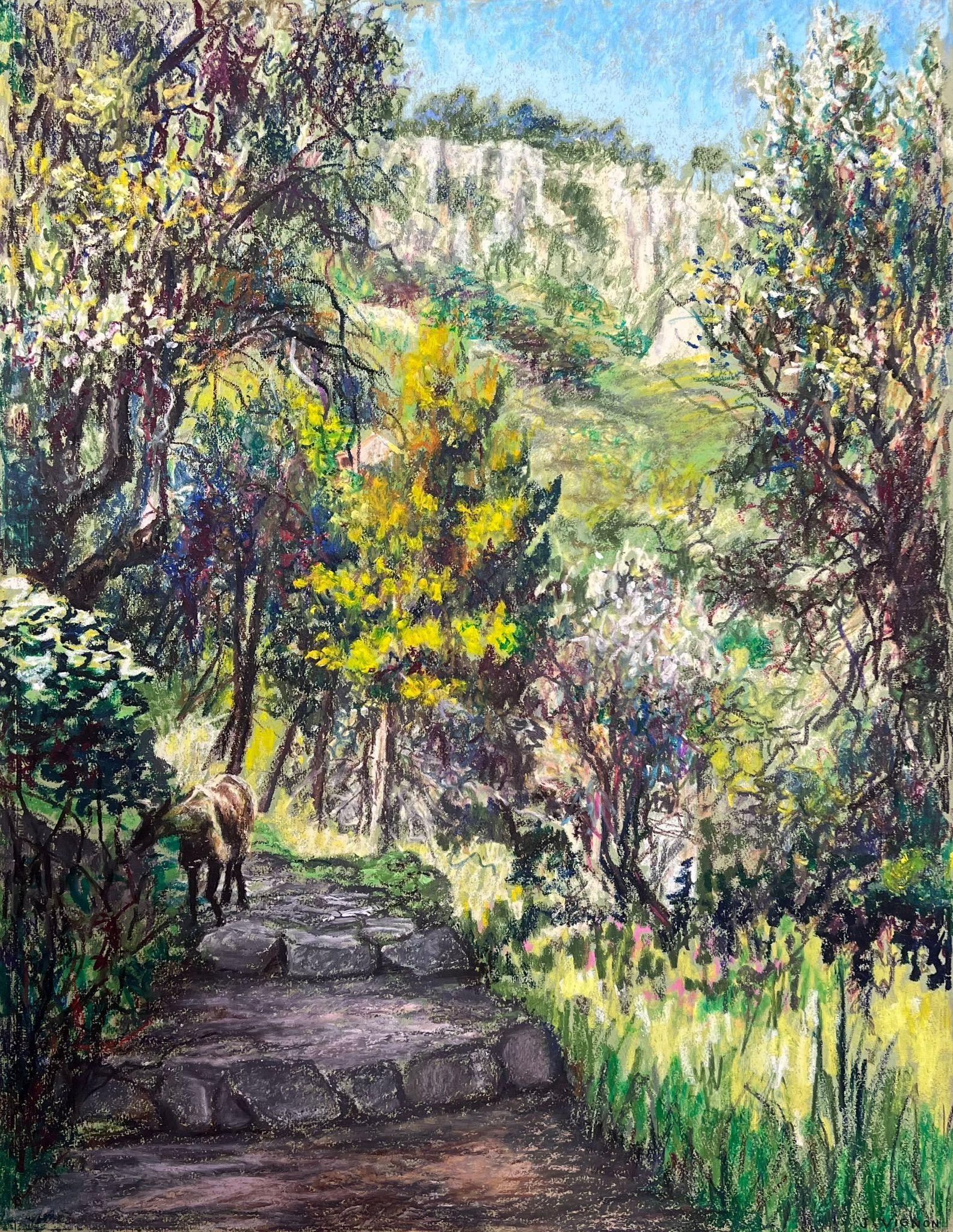 Josine Vignon Mountain Goat Below Menton Pastel Landscape: Original 1977 French pastel and wax crayon drawing on artist paper by Josine Vignon (French, 1922-2022), signed. The work shows a mountain goat climbing stone steps below Menton, surrounded by trees, 