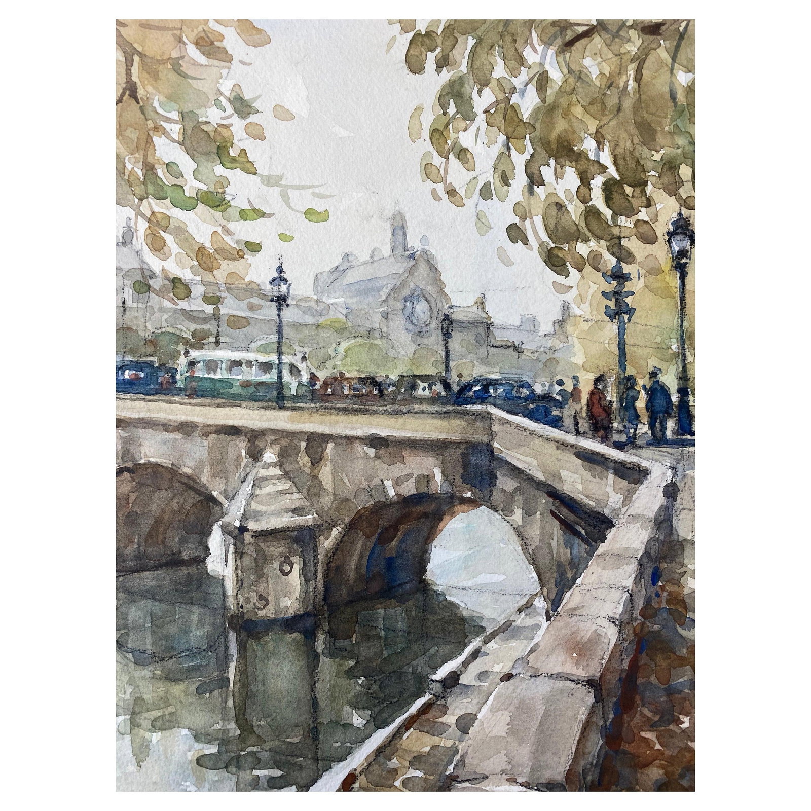 Henri Miloch Ecole de Paris River Seine Pont Watercolour: Original mid 20th century Ecole de Paris watercolour and gouache painting on artist paper, signed by Henri Miloch (1898-1979). The view looks across the River Seine and a Paris bridge, with figures, t