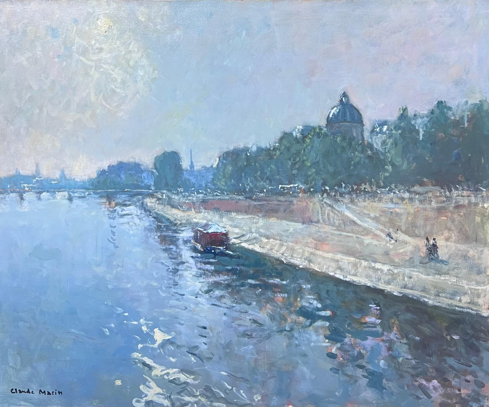 Claude Marin River Seine Paris Skyline French Oil Painting: Original 20th century French Impressionist oil painting on canvas by Claude Marin (French, 1914-2001), signed and offered unframed. The painting depicts the River Seine in Paris, with moored boats, th