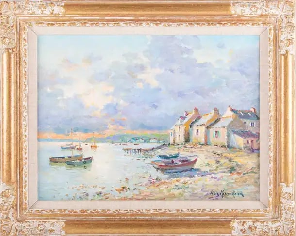 Superb French Impressionist Signed Oil Painting Brittany Boats Coastline Sunset: Artist/ School: by Jean Kevorkian (French, b.1933), signed and also studio stamped verso. Title: Barque au Soleil, titled verso. Medium: oil painting, on canvas, framed Size: painting: 10 x 14 inches 