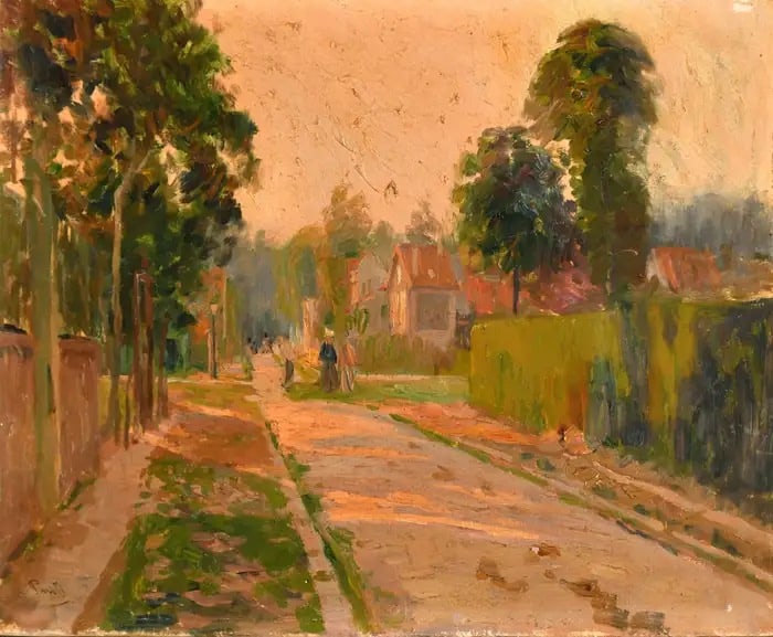 Elie Anatole Pavil Figure in Sunset French Village Lane Well Listed Impressionist Artist, oil C. 193: The Village Lane by Elie Anatole Pavil (Ukraine 1873-1944) signed oil on canvas, unframed 13 x 18 inches private collection, France the painting is in overall very good and sound condition, the edges 