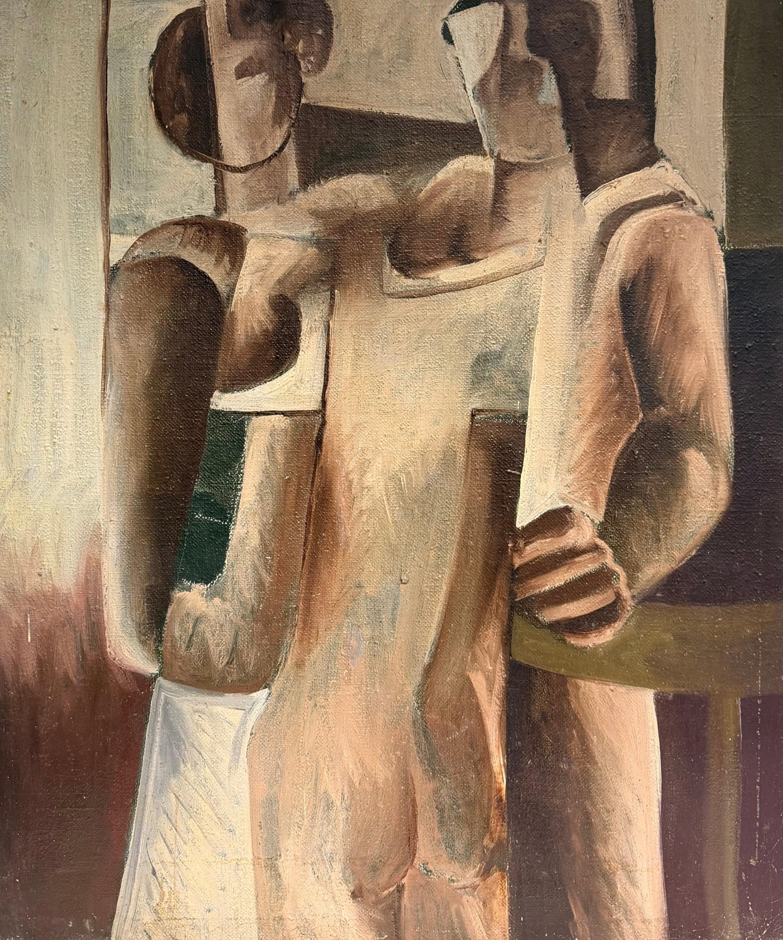 Beautiful Large Scale Antique French Cubist Oil Painting Figurative Work: Cubist Figurative French School, early 20th century circle of Georges Braque (French 1882-1963) oil on canvas, unframed canvas: 42 x 35 inches Provenance: private collection, Paris Condition: very goo