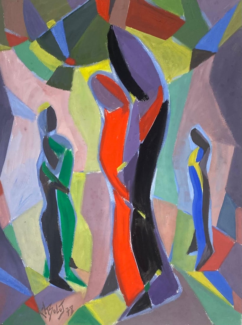 1970's French Modernist Gouache Painting Colorful Cubist Figures: by Paul-Louis Bolot (French 1918-2003) signed & dated 1978 original gouache painting on thick paper/ card unframed condition: very good and sound; the edges have a few curls and scuffs/ edge tears whi