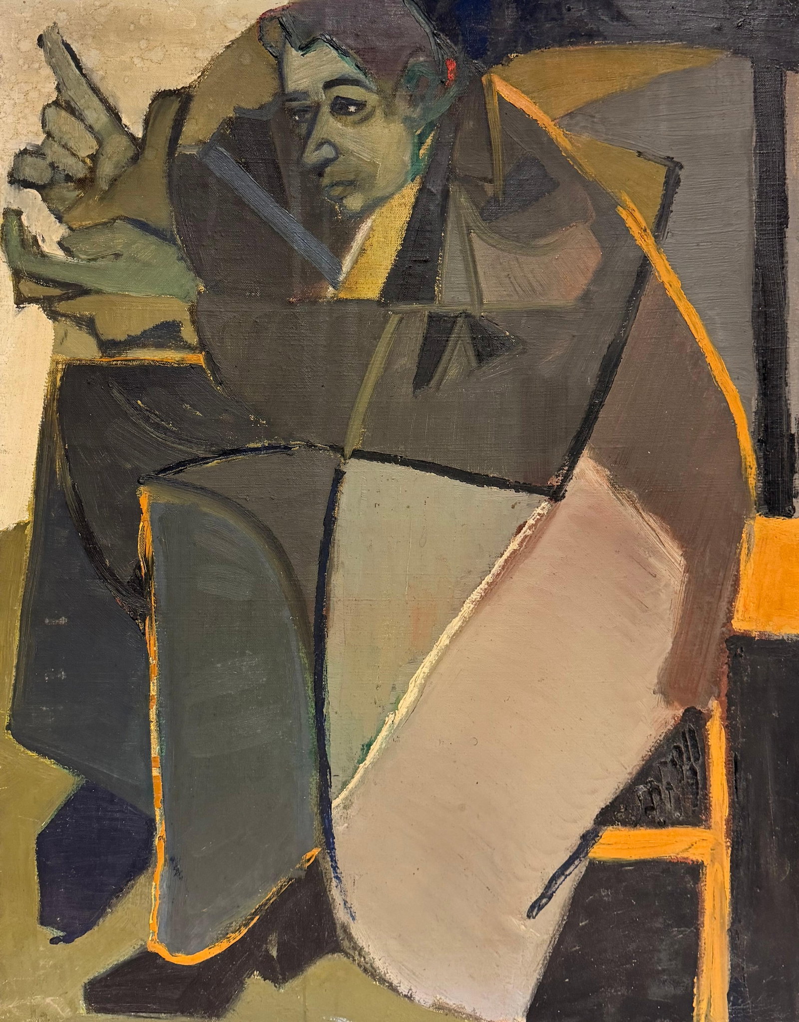 1950's French Cubist Seated Figure Reading Newspaper Modernist Interior Painting (1 of 6)