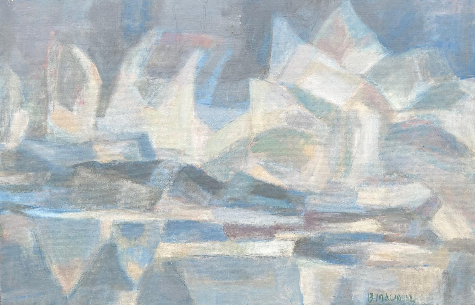Large French Cubist Oil Painting Glacial Reflections Landscape in Cool Tones (1 of 9)