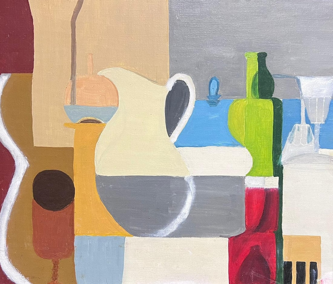 1950's French Cubist Still Life Oil Painting Jugs & Ornaments Large Canvas (1 of 6)