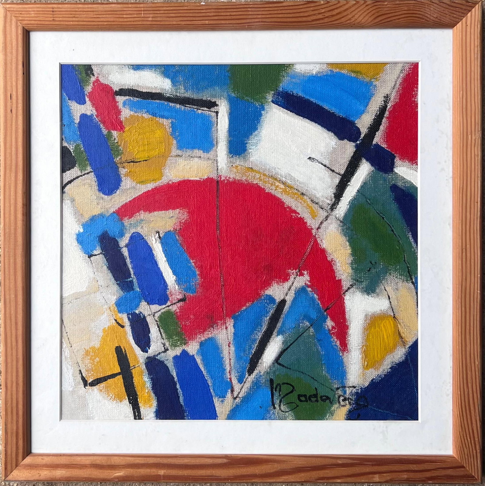 Abstract French Cubist Modernist Signed Oil Painting, 20th century: Cubist composition French School, late 20th century indistinctly signed oil on board, framed with glass cover framed: 13 x 13 inches board: 9.5 x 9.5 inches Provenance: private collection, France Cond