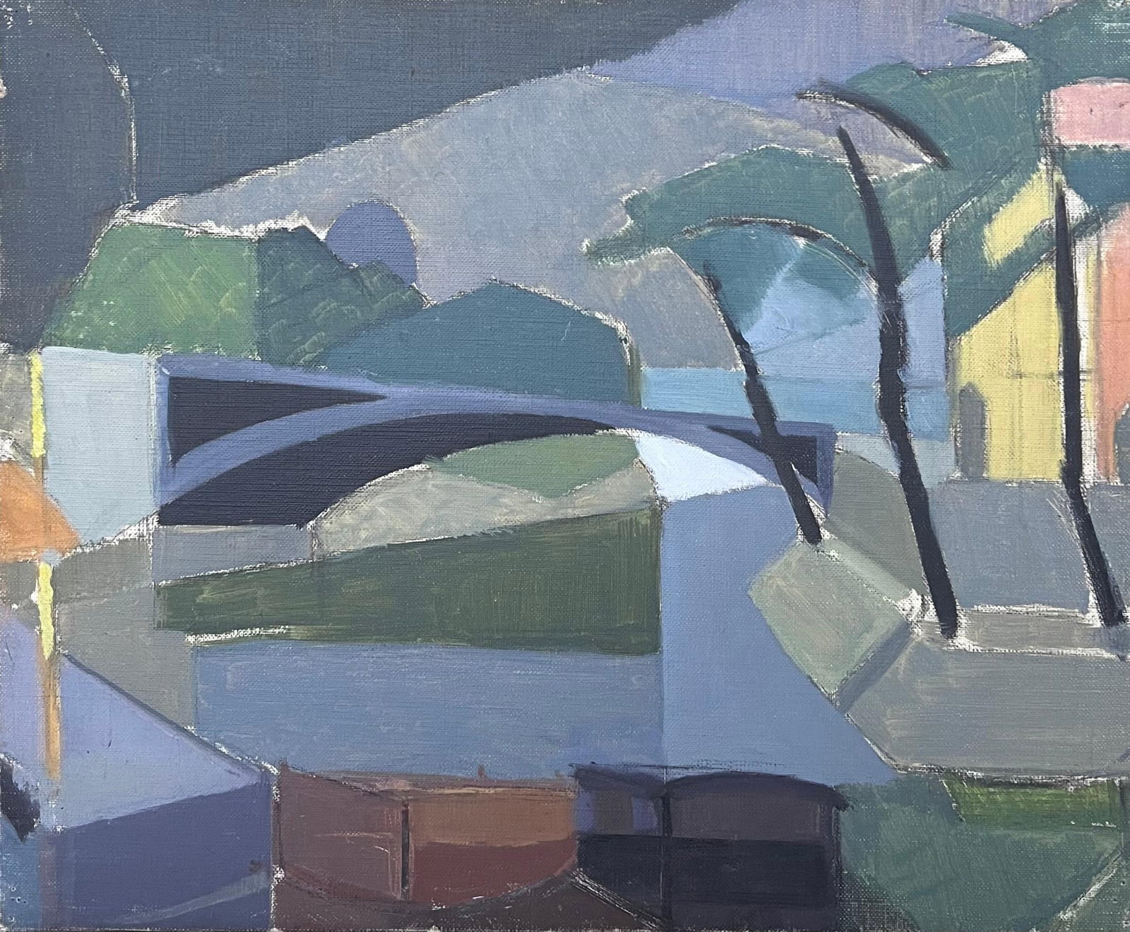 Fine 20th Century French Post Cubist Oil Painting City River Landscape & Bridge: River Landscape by Laure Noetzin-Azam (French 1929-2024) pupil of André LHOTE oil on canvas, unframed canvas: 15 x 18 inches Provenance: all the paintings we have by this artist have come from the ar