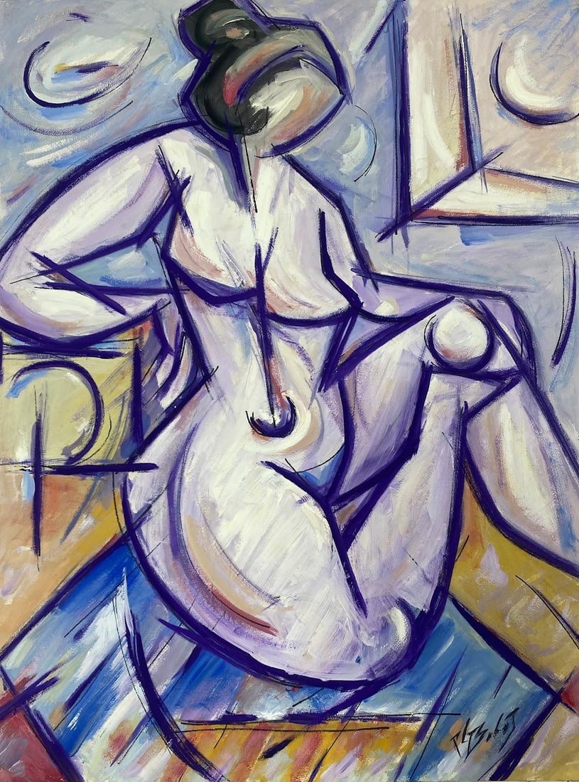 1970's French Modernist Cubist Painting Seated Nude Woman Purple Abstract (1 of 3)