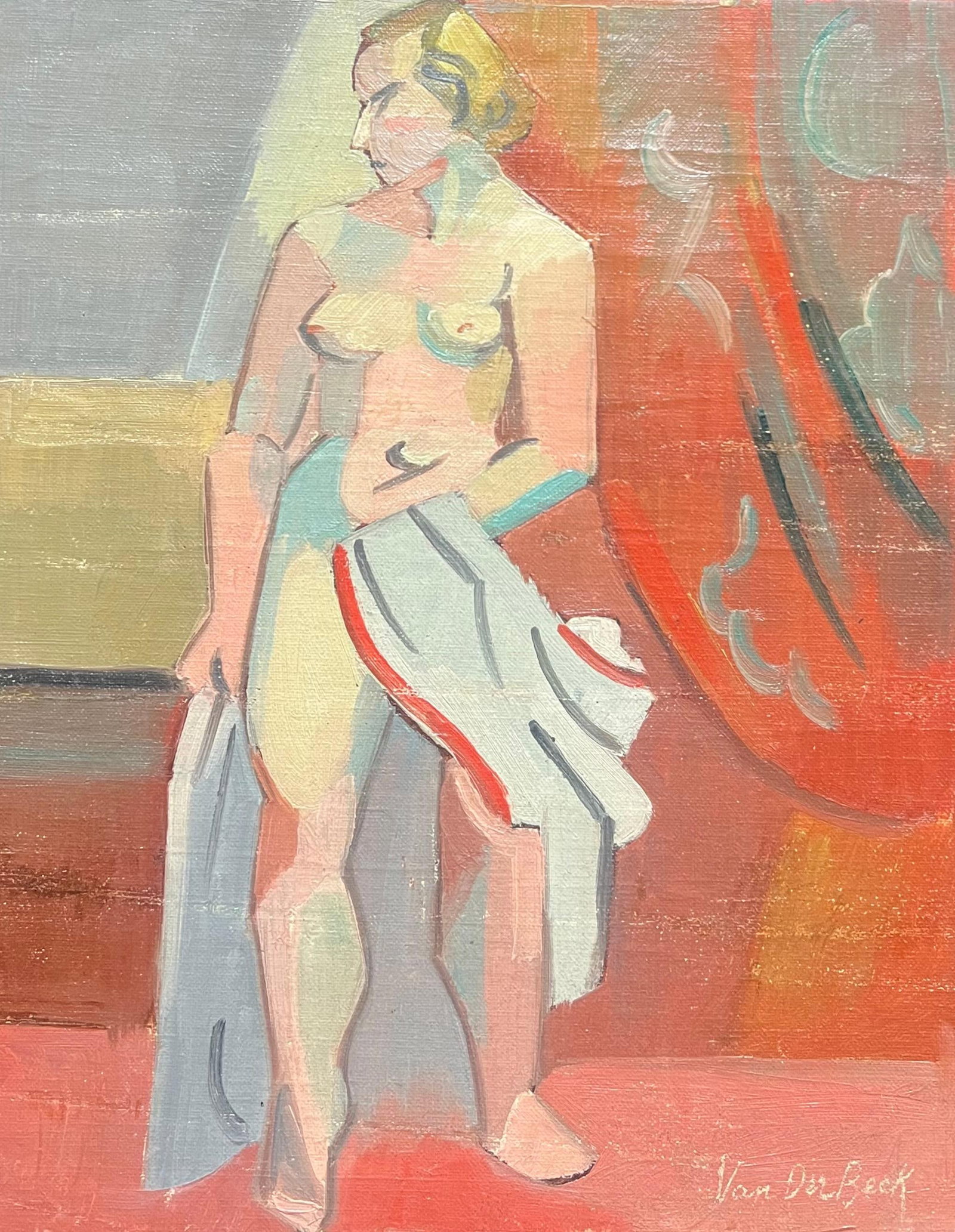 1930's French Cubist Nude Signed Oil Lady Vibrant Geometric Composition: Artist/ School: by Henri Van Der Beck (French 1886-1956), signed and stamped verso Medium: signed oil on canvas, unframed Painting: 16 x 13 inches Provenance: private collection, France Condition: The