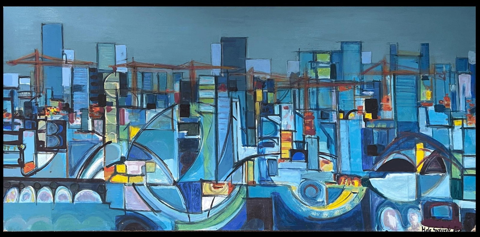 Huge 20th Century French Cubist Abstract Cityscape in Blue Amazing Colors (1 of 11)