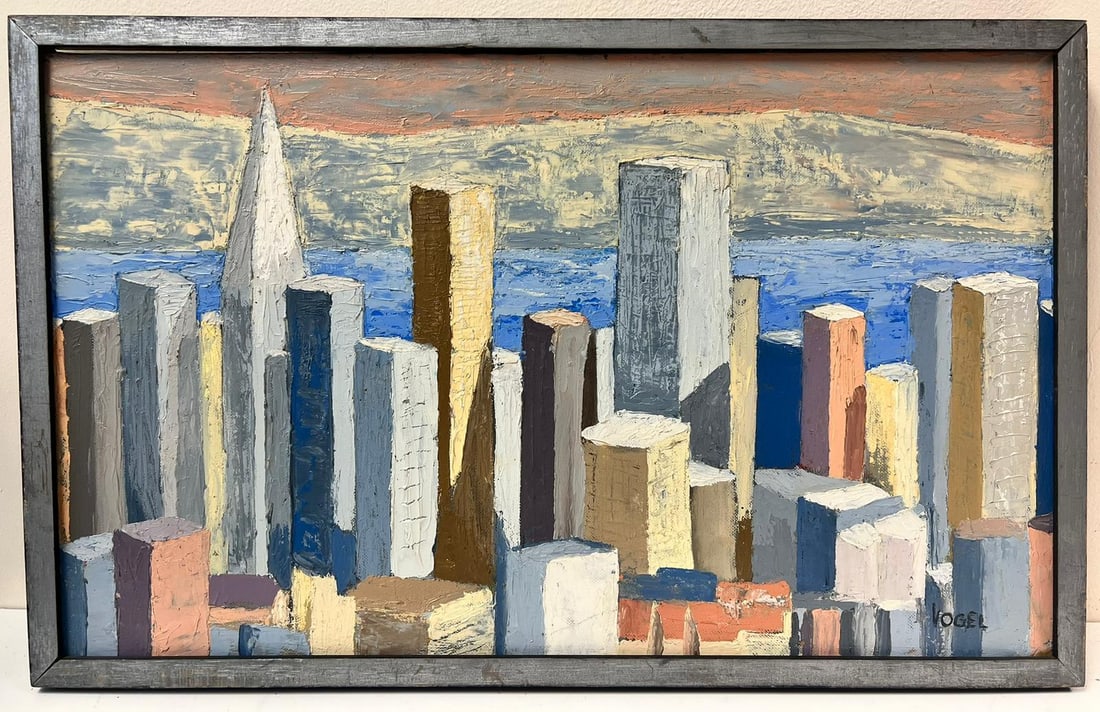 San Francisco 1970's Cubist Abstract City Skyline Oil Painting, signed & framed: "San Francisco" Continental School, signed Vogel circa 1970's oil painting on canvas, framed framed: 13 x 20.5 inches board: 12 x 19.5 inches provenance: private collection, France condition: very goo