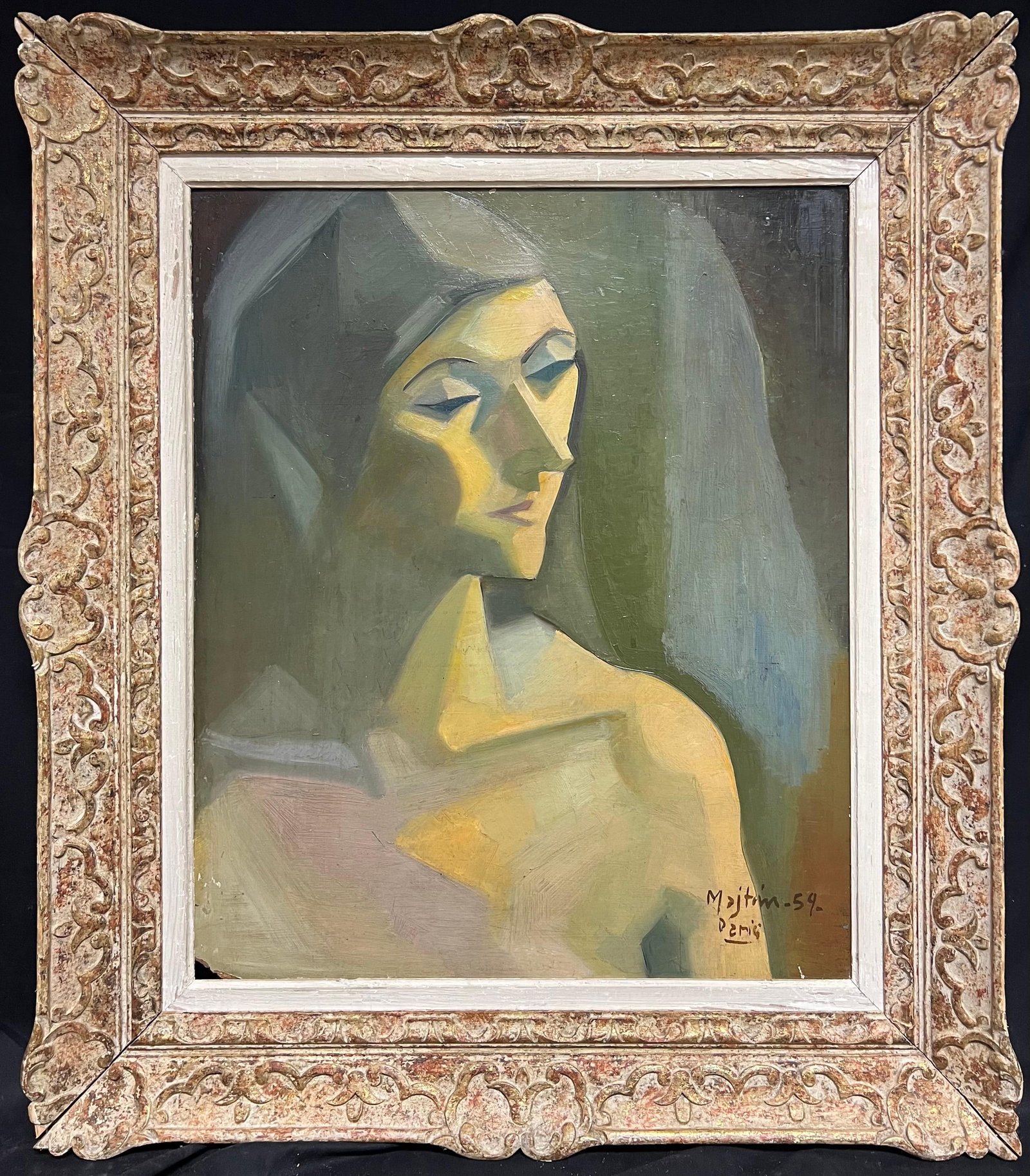 Mid-Century Modernist Portrait of a Woman in Muted Tones 1950's French Painting: Modernist Portrait signed and dated French School, mid 20th century oil on board, framed Framed: 29 x 25 inches Board: 22 x 18 inches Provenance: private collection, France Condition: very good condit