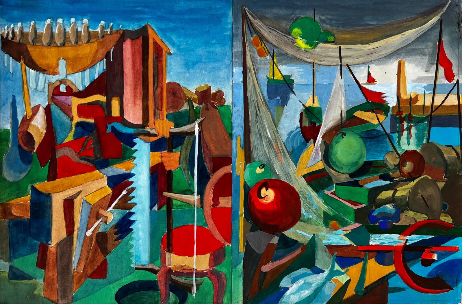 Cubist Harbour Scene With Boats Nets And Fishing Equipment: Title: Cubist Harbour Scene With Boats Nets And Fishing Equipment Guy Nicod (French 1923 - 2021) Gouache on artist paper, unframed Size: 14.75 x 21.75 inches (height x width) Provenance: Artists estat