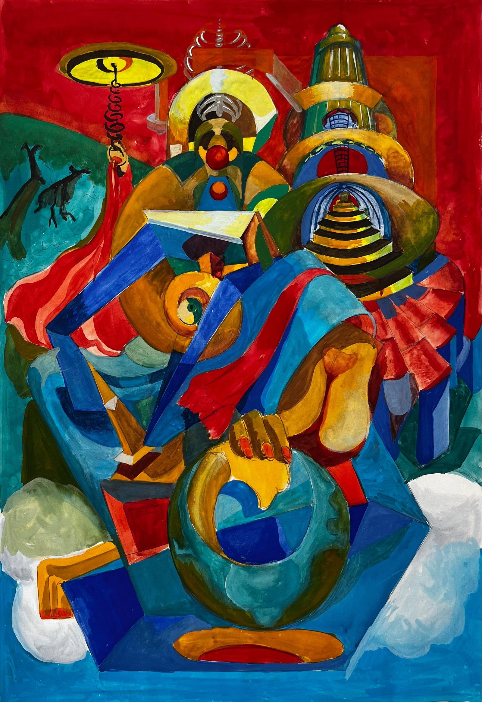 Cubist French Abstract Composition With Figures Architecture And Red Background: Title: Cubist French Abstract Composition With Figures Architecture And Red Background Guy Nicod (French 1923 - 2021) Gouache on artist paper, unframed Size: 23 x 19 inches (height x width) Provenance