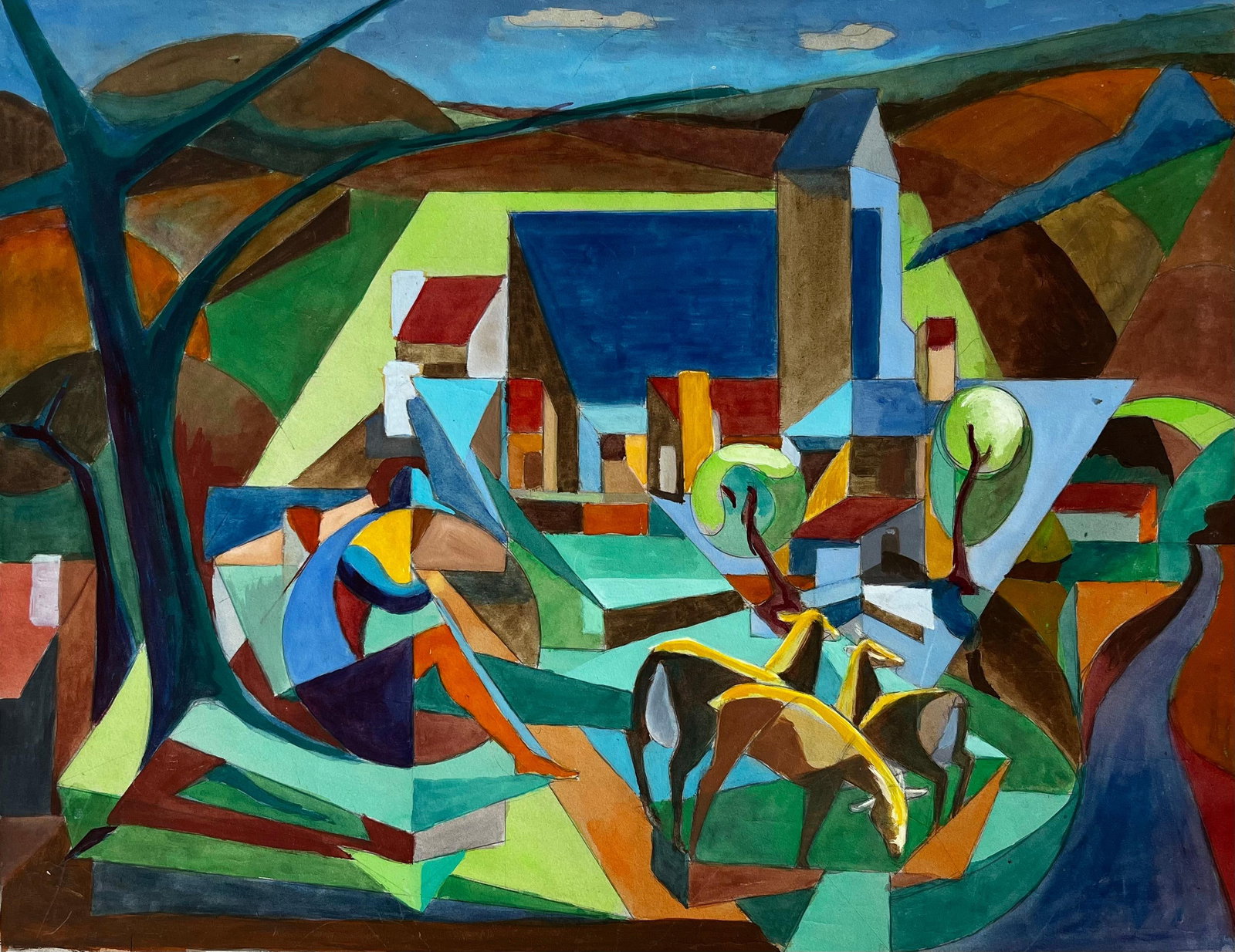 Cubist French Village Landscape With Horses Church Trees And Hills Gouache: Title: Cubist French Village Landscape With Horses Church Trees And Hills Gouache Guy Nicod (French 1923 - 2021) Gouache on artist paper, unframed Size: 19.5 x 25.5 inches (height x width) Provenance: