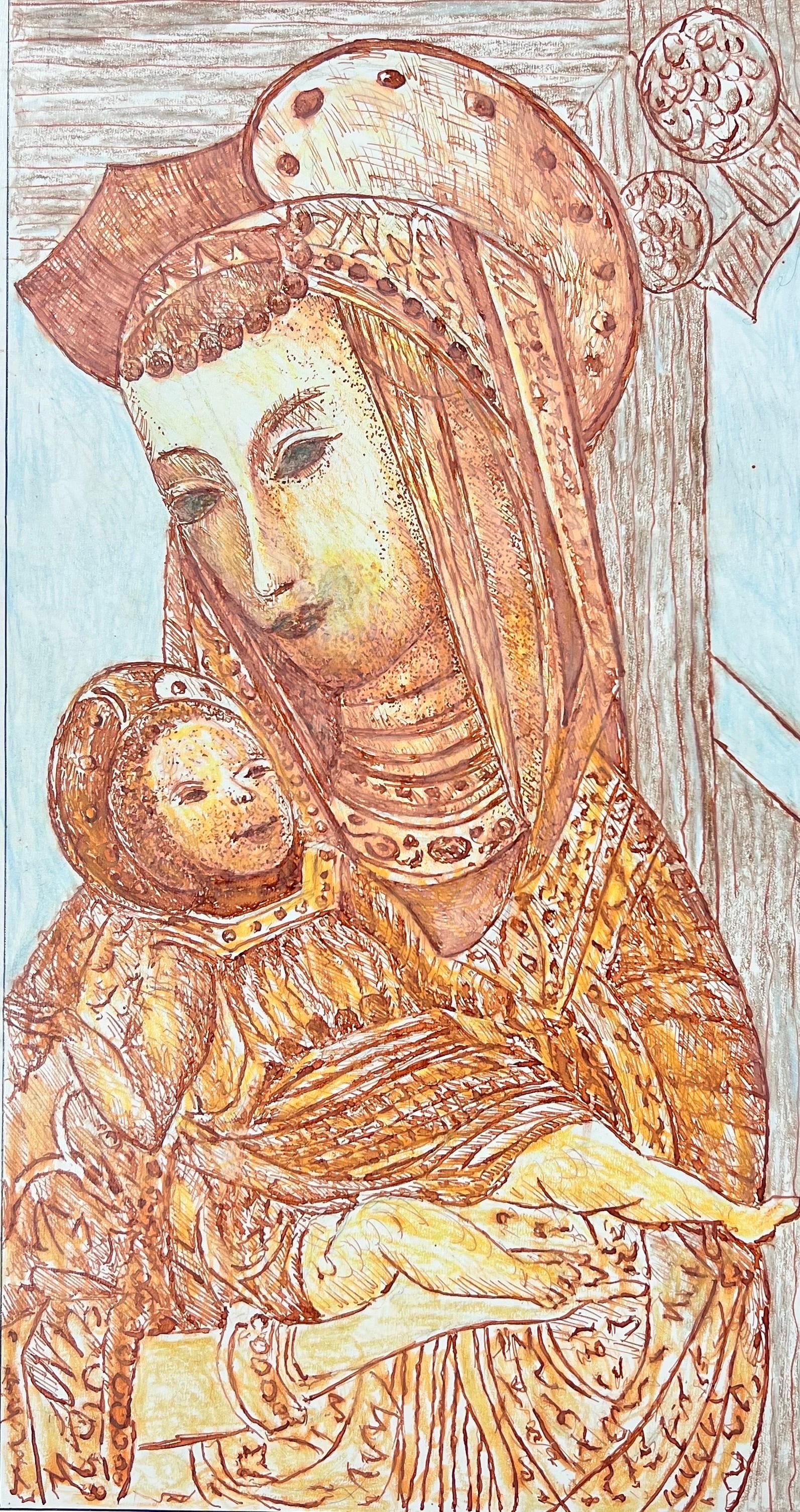 1950's Modernist/ Cubist Painting - Mother and Child Figures: French Figure by Bernard Labbe (French mid 20th century) original gouache on paper, mounted on card size: 17 x 11.5 inches condition: very good and ready to be enjoyed provenance: the artists atelier/