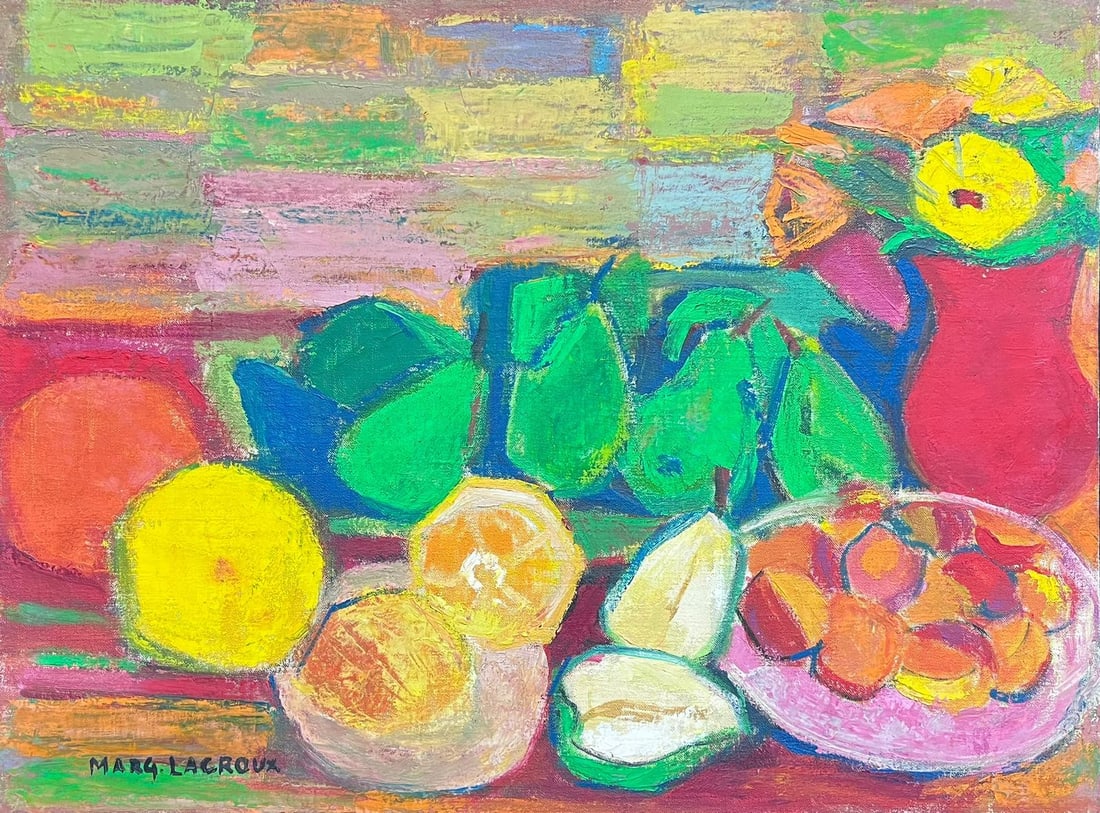 Mid 20th Century French Signed Oil Cubist Modernist Still Life Fruit: Cubist Modernist Still Life of Fruit in an Interior by Marguerite Lacroux (French/ Swiss 1898-1972) signed oil on canvas board, unframed painting: 18 x 24 inches provenance: private collection, France