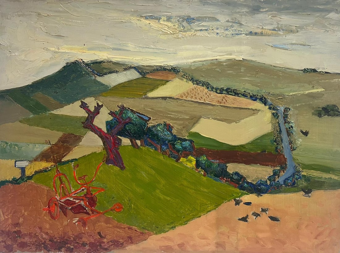 Mid Century French Cubist Expressionist Rural Fields Landscape Oil Painting: The Ploughing Field by Josine Vignon (French 1922-2022) stamped verso oil painting on board, unframed board: 21 x 29 inches very good condition provenance: from the artists estate, France Josine Vigno