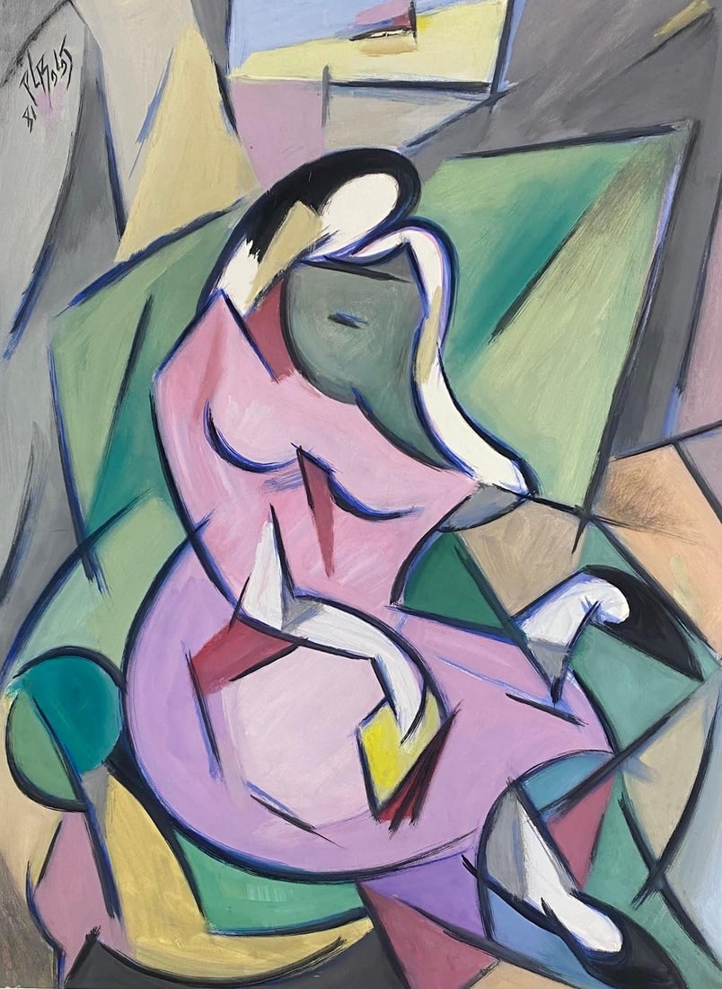 20th Century French Modernist Painting Cubist Geometric Purple Portrait Of Lady: by Paul-Louis Bolot (French 1918-2003) signed & dated 1981 original gouache painting on thick paper/ card unframed condition: very good and sound; the edges have a few curls and scuffs/ edge tears whi