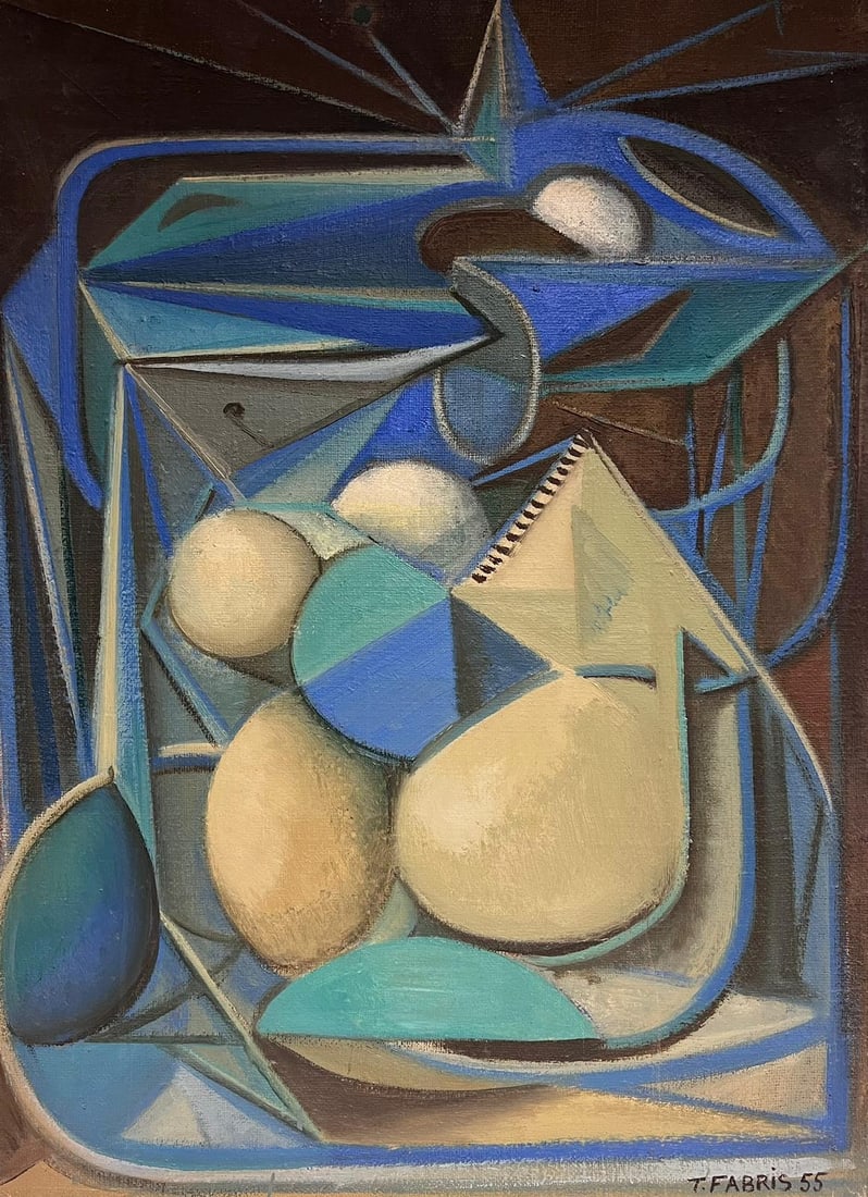 1950’s French Surrealist Signed Oil Painting Cubist Blue Green Cream Abstract (1 of 9)