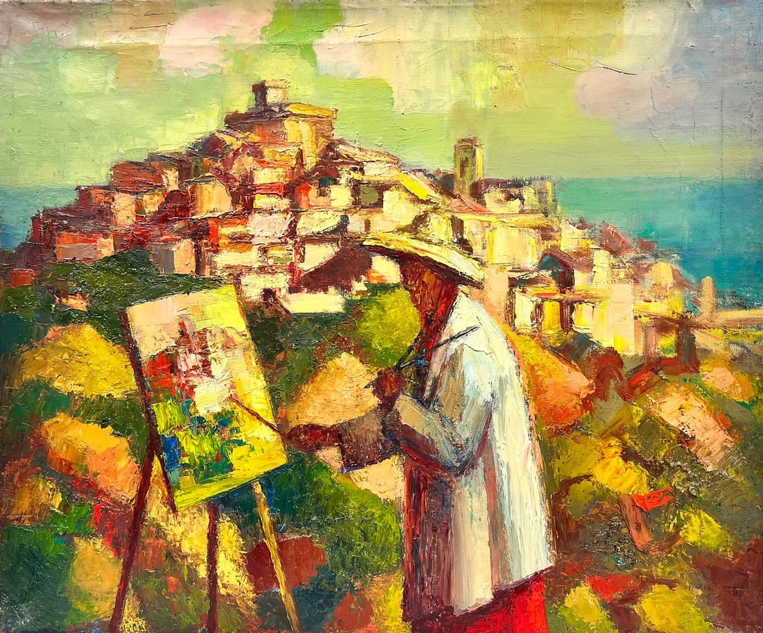 1950's French Post Impressionist Cubist Oil Artist Painting at Easel in Provence: The Provencal Painter by Josine Vignon (French 1922-2022) oil painting on canvas, unframed canvas: 18 x 21.5 inches Colors: Red colors, orange, yellow, pink, green, browns and beige Very good conditio