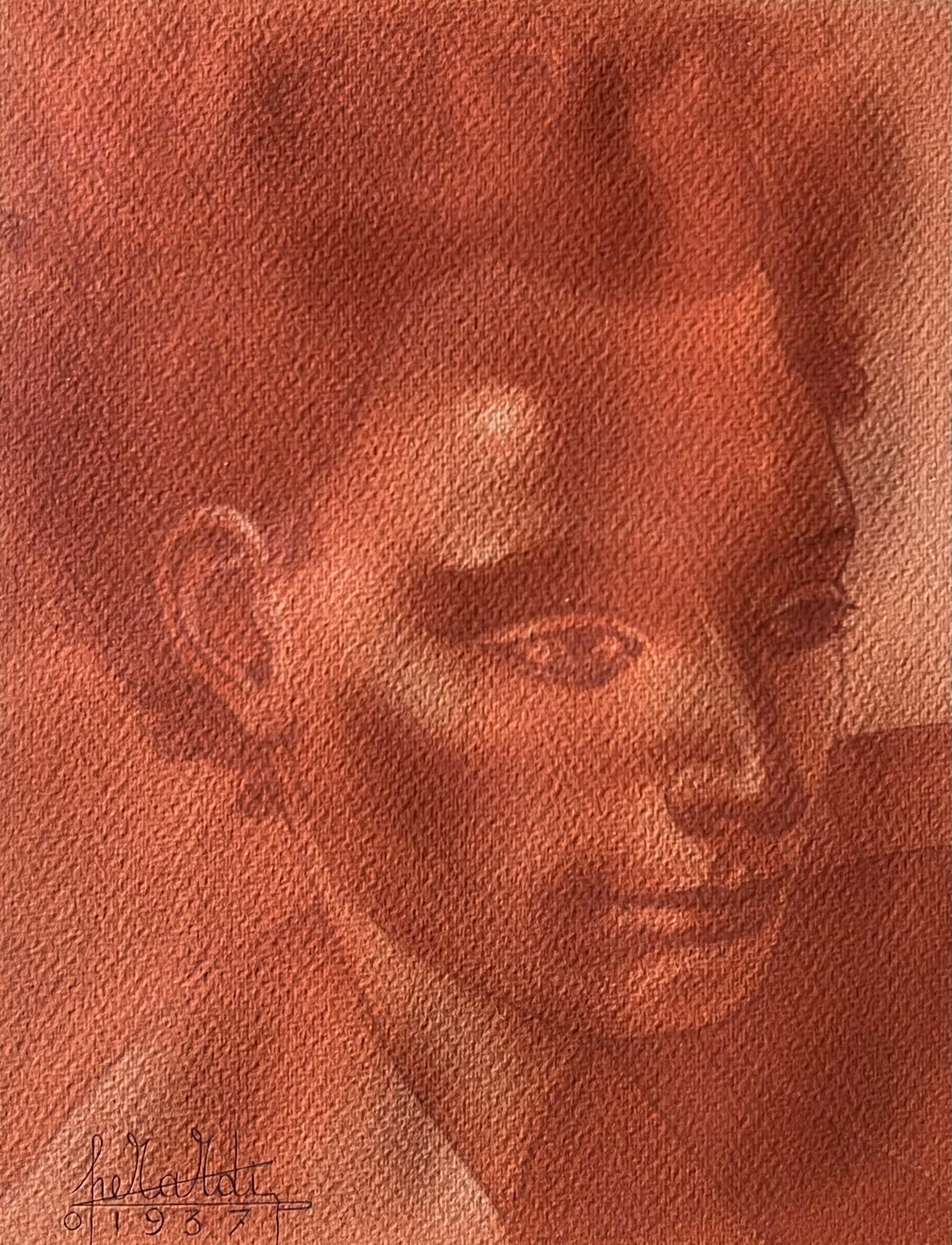 1950's French Signed Sanguine Chalk Head Shoulders Portrait of Man (1 of 7)