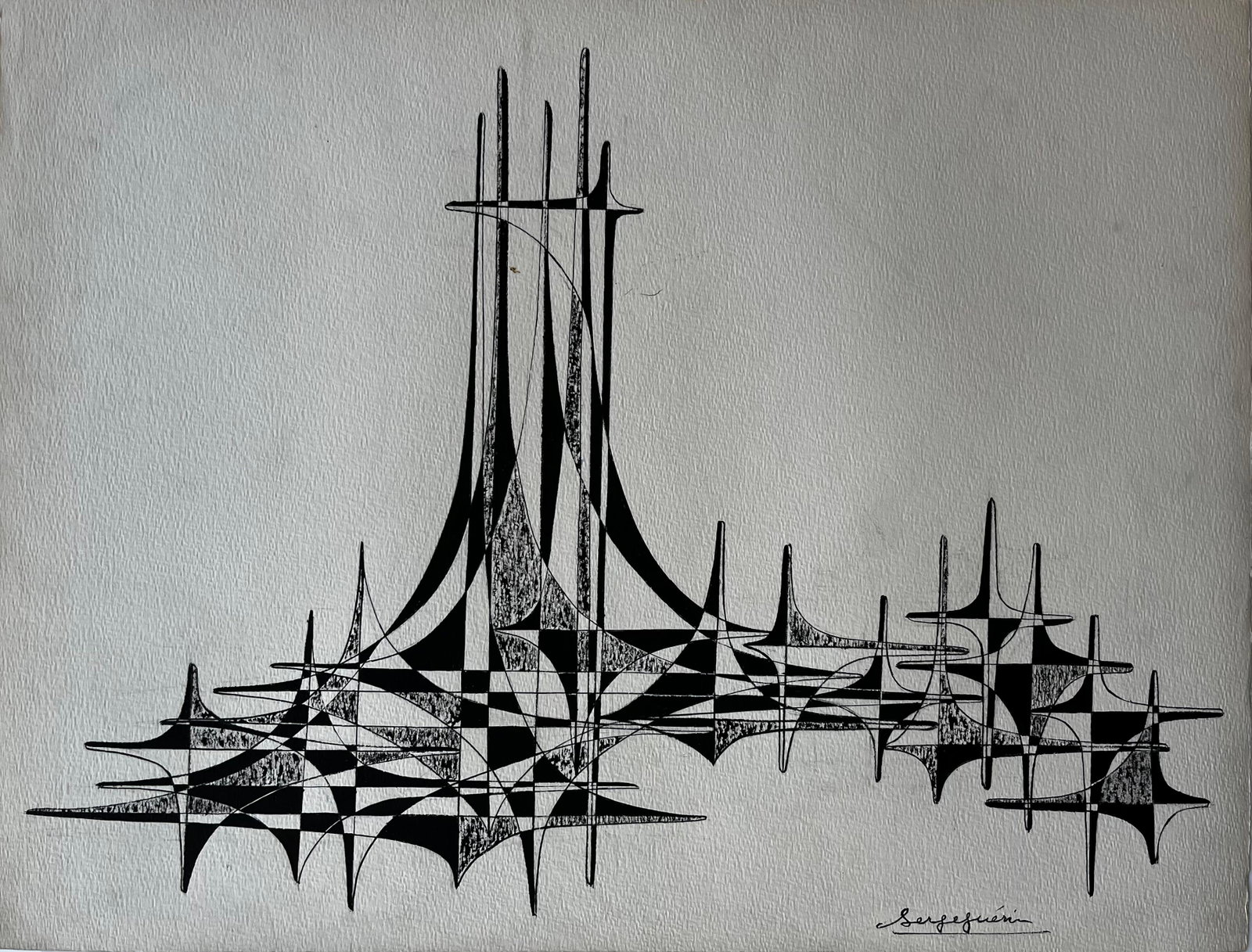 Mid Century French Architectural Abstract Ink Drawing Signed Serge Guerin (1 of 7)