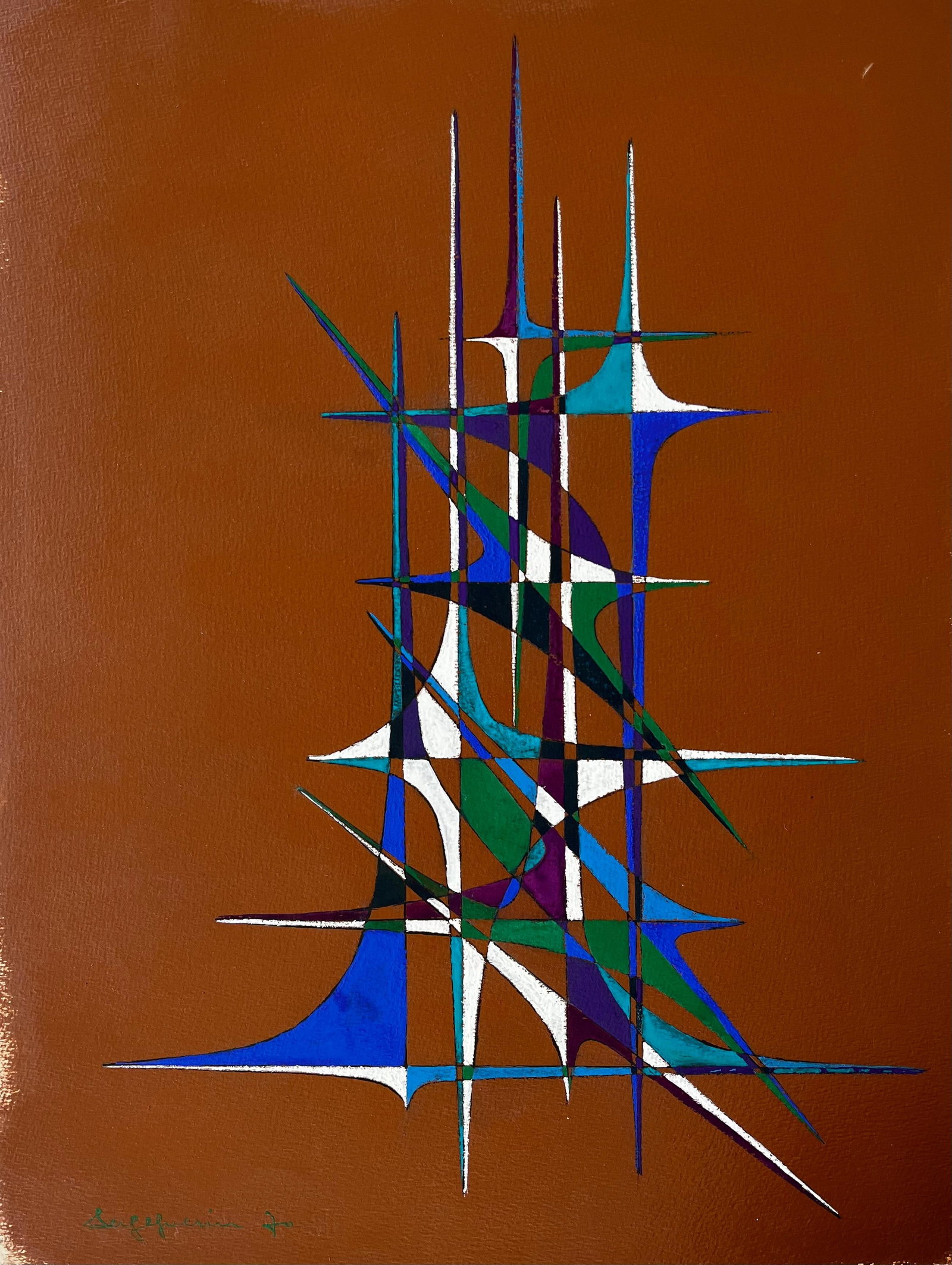 Mid Century French Geometric Abstract in Blue Green Purple and White: Title: Mid Century French Geometric Abstract in Blue Green Purple and White by Serge Guerin (b. 1916), French Signed bottom left acrylic and gouache on paper, unframed Size: 25.75 (height) x 19.75 (wi