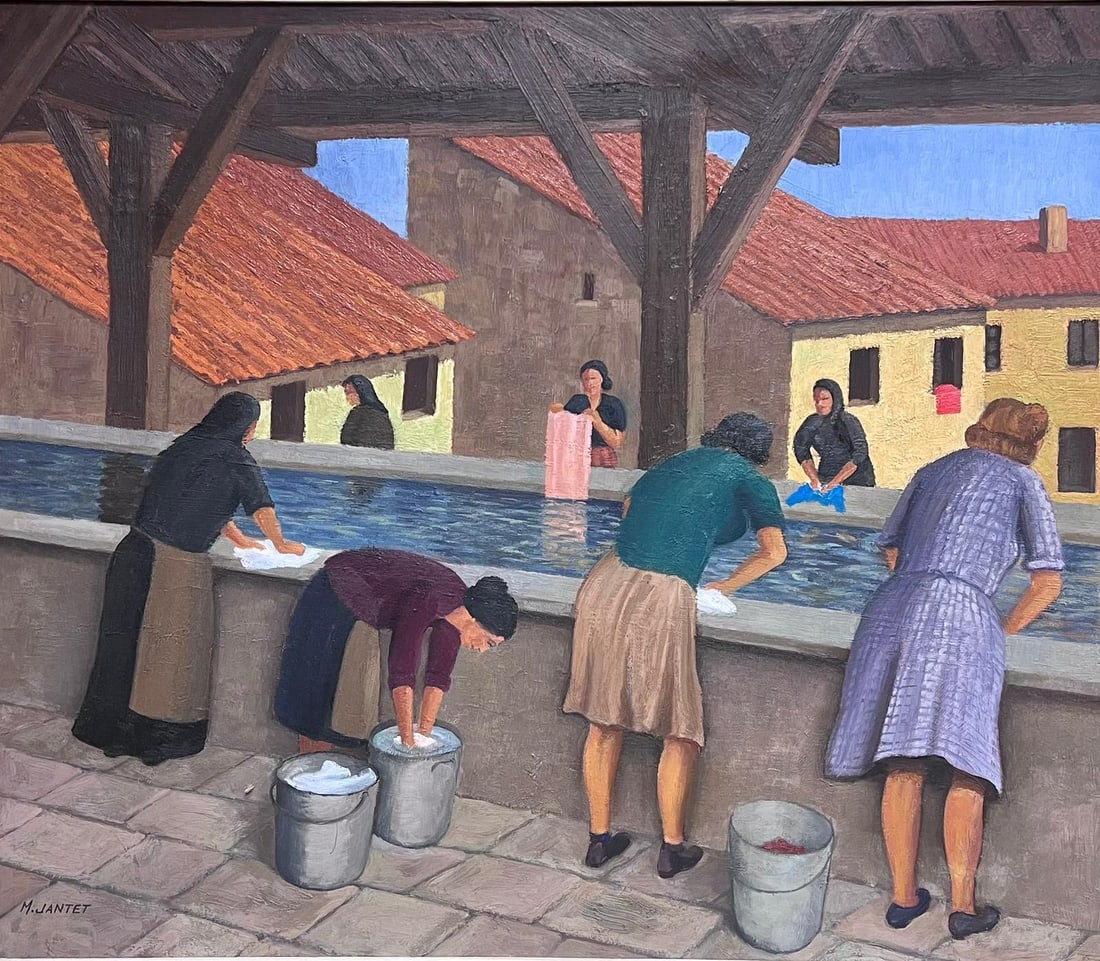 Large 1950's French Signed Oil Painting Ladies Washing Clothes at Public Baths: "Les Lavandieres" French School, mid 20th century signed by the artist, M. Jantet oil on canvas, framed in original period frame framed: 29.5 x 34.5 inches canvas: 24 x 28.5 inches provenance: private