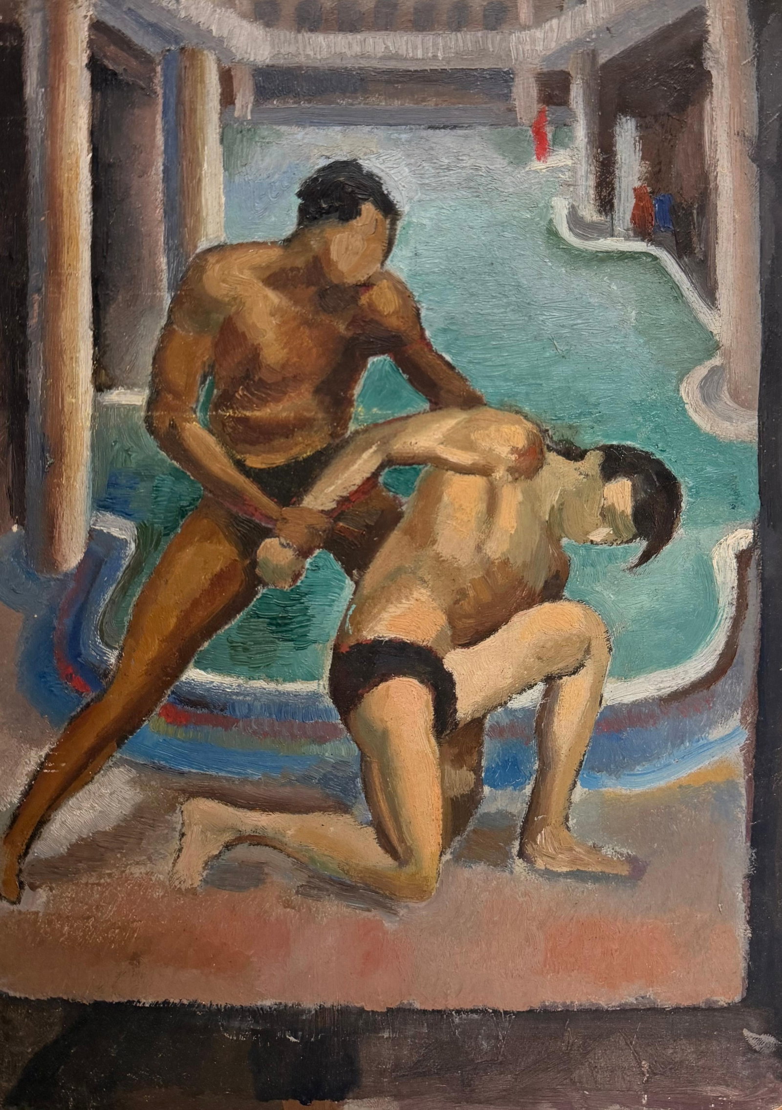 Wrestlers by the Swimming Pool French Modernist Figurative Oil: Wrestlers by the Swimming Pool French Modernist Figurative Oil Painting French School, mid 20th century unsigned oil on board, unframed Board: 13 x 9.5 inches Provenance: private collection, France Co