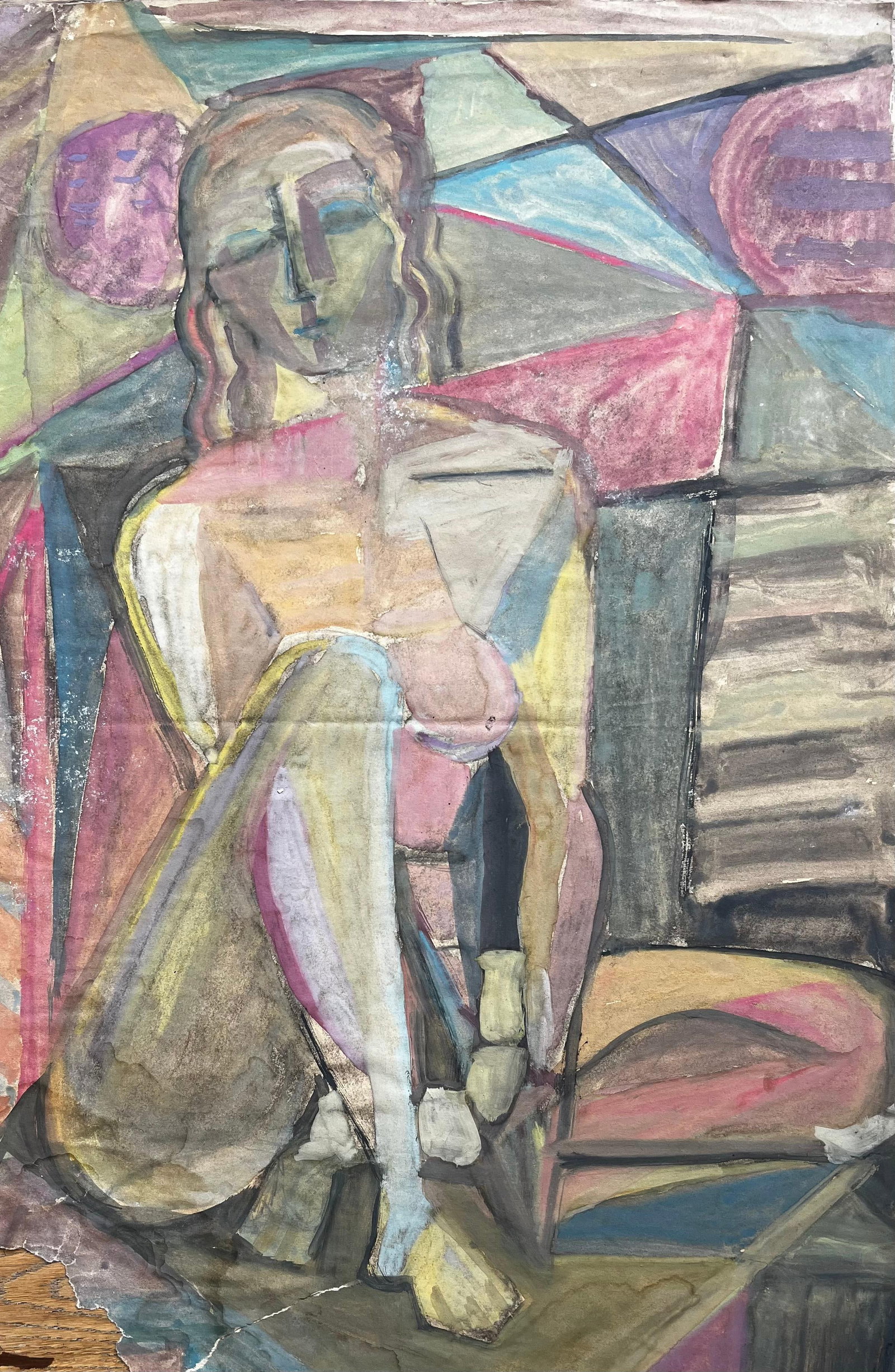Mid Century French Cubist Seated Female Nude Interior Figure Study: Title: Mid Century French Cubist Seated Female Nude Interior Figure Study Medium: Gouache and mixed media on artists paper unframed Size: 27.5 x 19.75 inches (height x width) Provenance: private colle