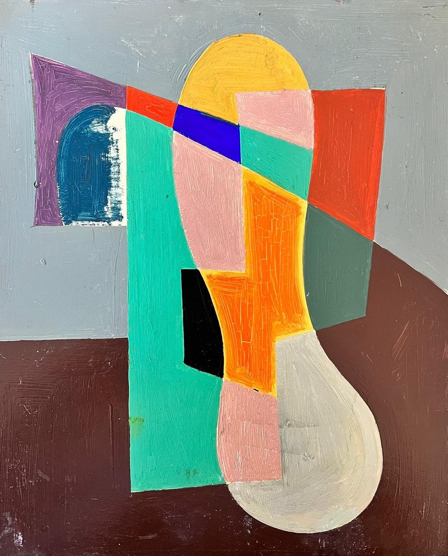 Mid 20th Century French Cubist Oil Painting Abstract Shapes & Colors: Artist/ School: French School, mid 20th century Title: Cubist composition Medium: oil on board Size: 11 x 8.5 inches Provenance: private collection, France Condition: The painting is in overall good a