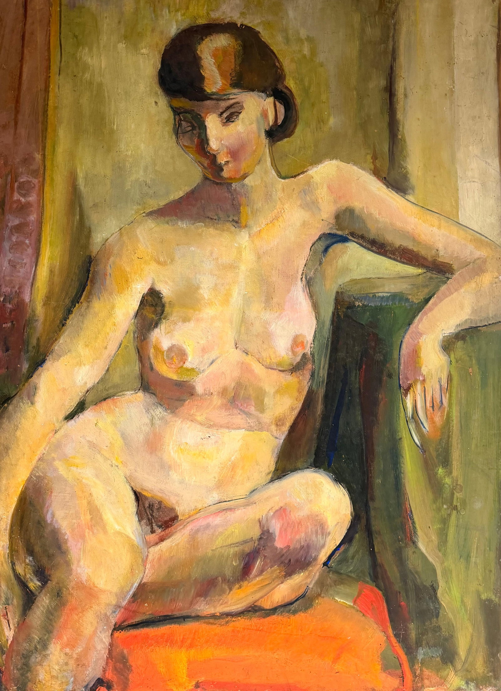 Nude Brunette Female Posed In Green Interior Mid Century French Oil Painting (1 of 13)